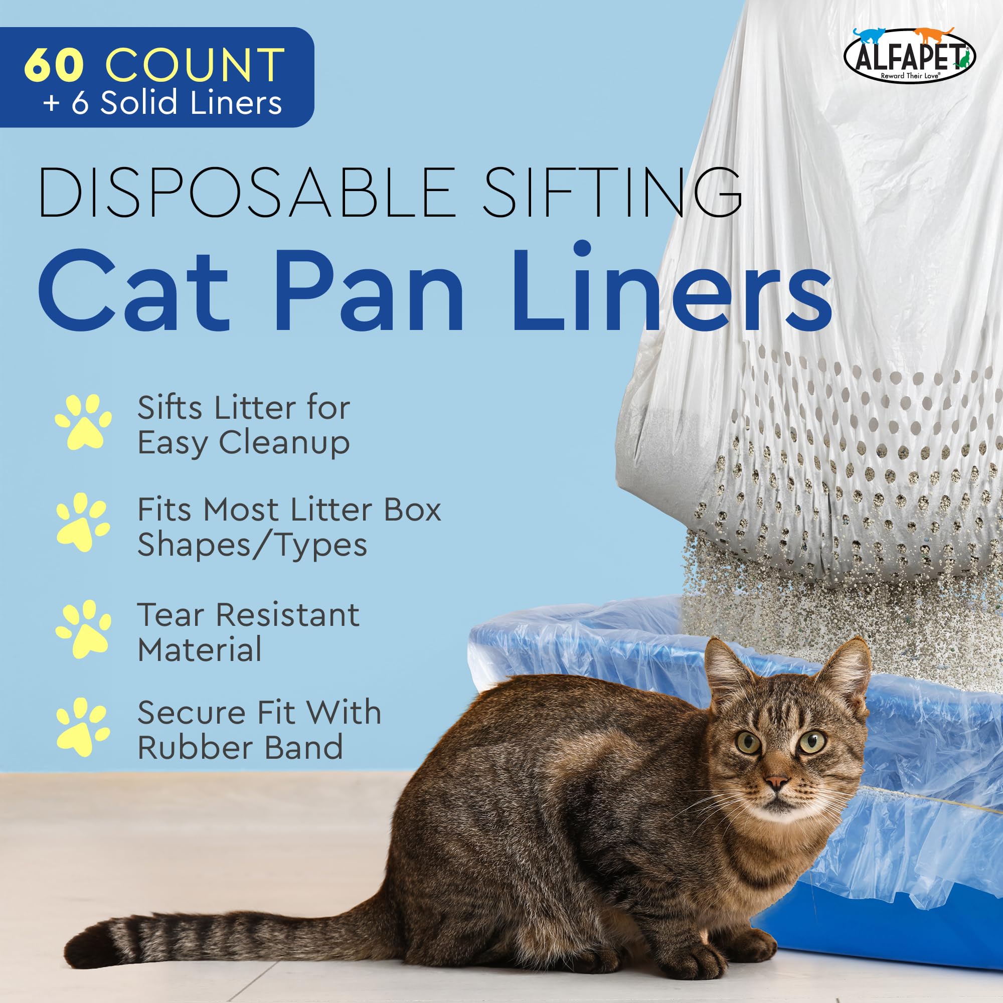 Alfapet Kitty Cat Pan Disposable, Sifting Liners- 60 Count + 1 Transfer Liner-For Large, X-Large, Giant, Extra-Giant Size Litter Boxes-Included Rubber Band For Firm, Easy Fit - Pack Of 6