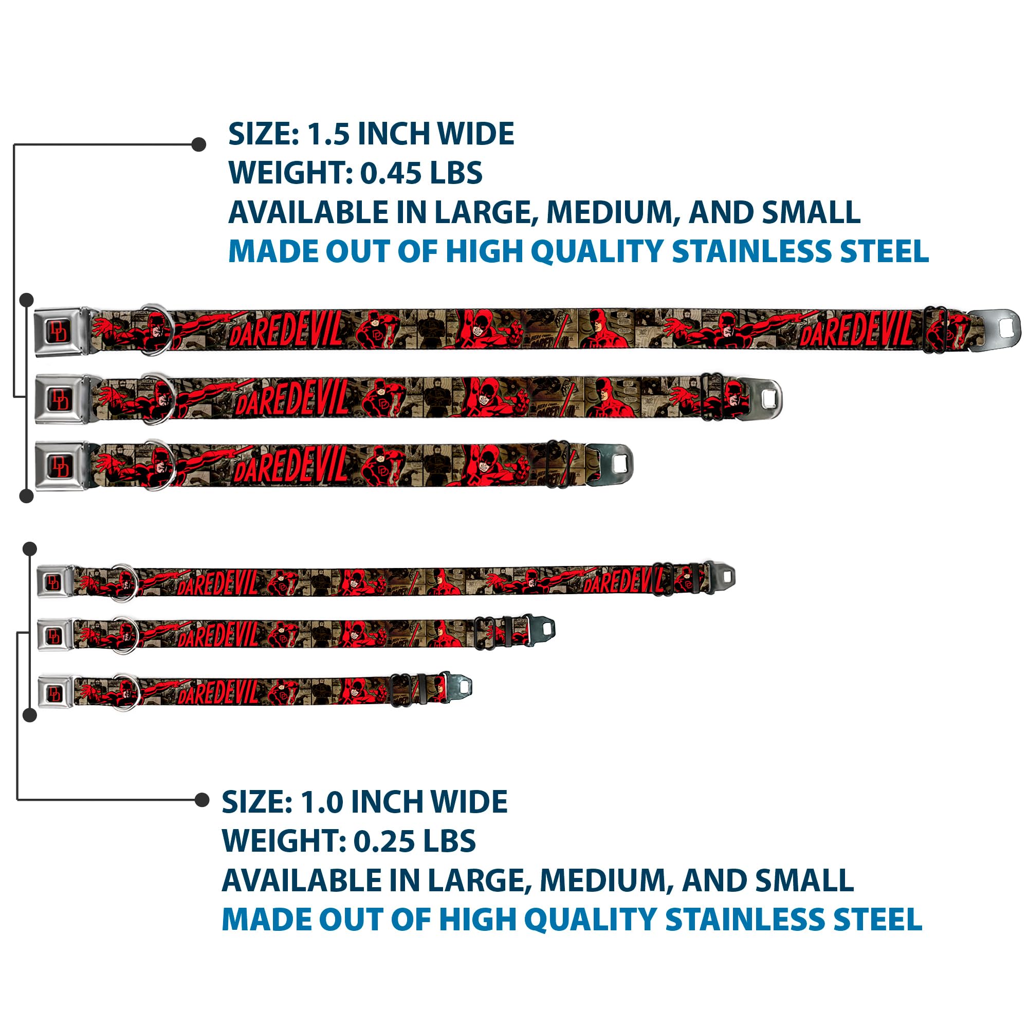 Buckle-Down Seatbelt Buckle Dog Collar - Daredevil Action Poses/Comic Panels Grays/Red - 1'' Wide - Fits 11-17'' Neck - Medium