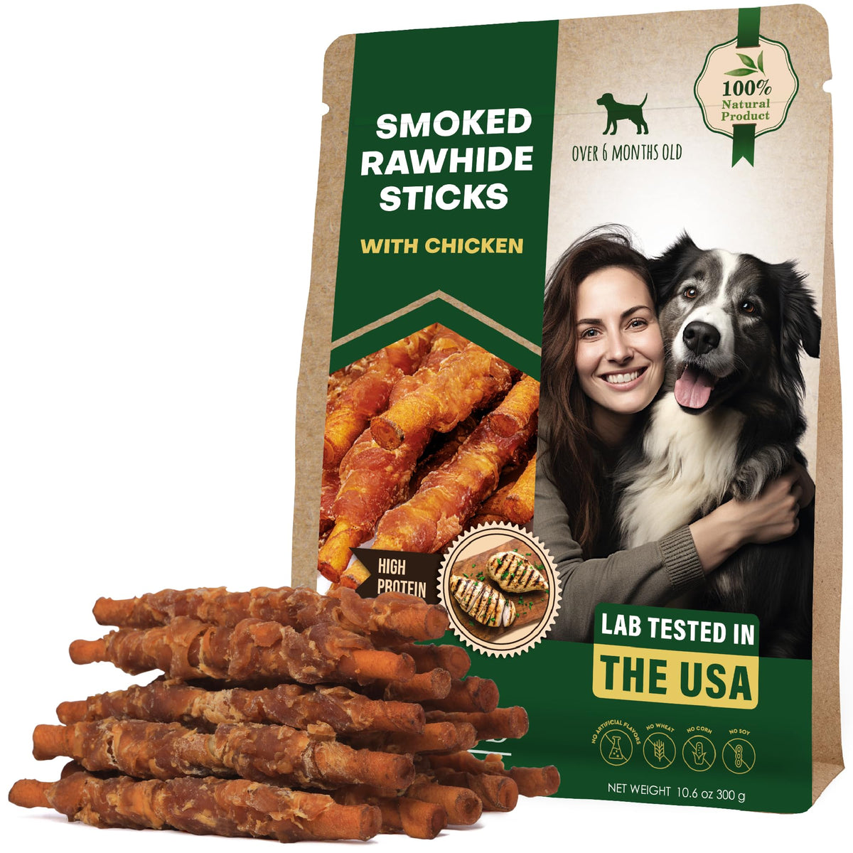 Dog Smoked Rawhide Sticks Wrapped Chicken & Pet Natural Chew Treats - Grain Free Organic Meat & Healthy Human Grade Dried Snacks In Bulk - Best Twists For Training Small & Large Dogs - Made For Usa