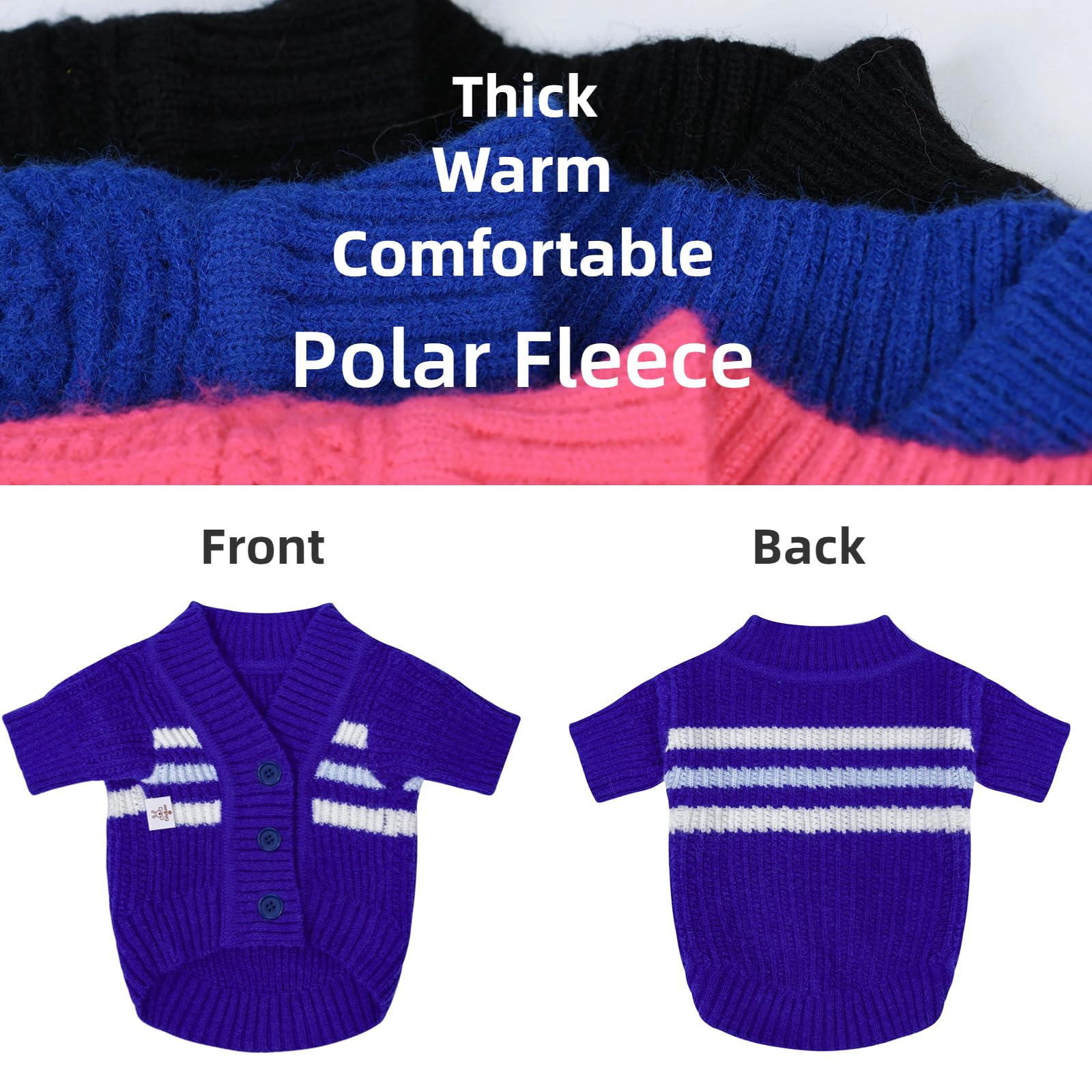 Cutebone Cardigan Striped Knitted Dog Sweater, Arctic Fleece Thermal Dog Winter Clothes For Small Dogs Boy Girl, V-Neck Pet Coat