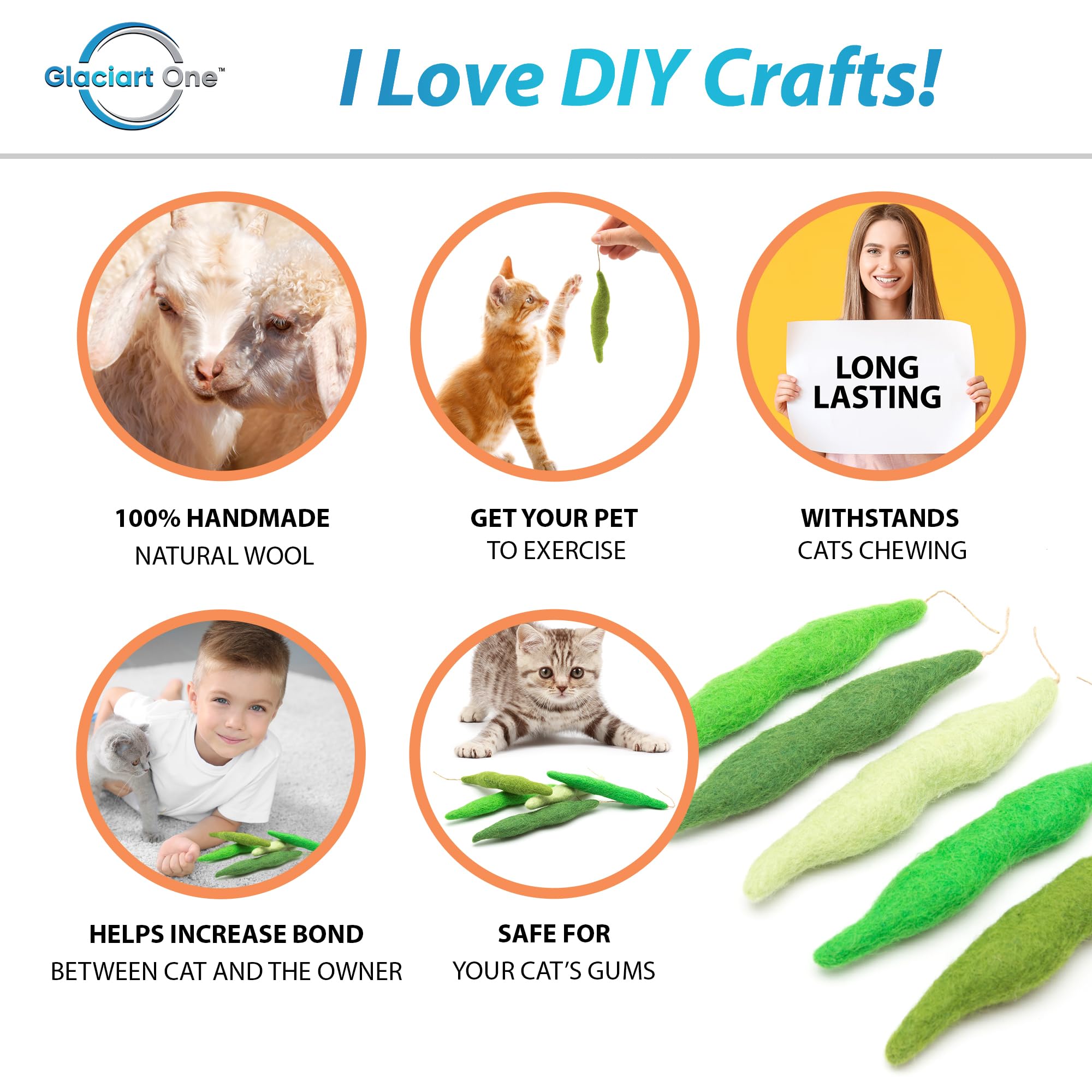 Glaciart One Green Beans Cat Toy - 5 Pcs | Soft Fuzzy Enrichment 100% Natural Wool - Interactive Catnip Play Cat Toy Set - Safe