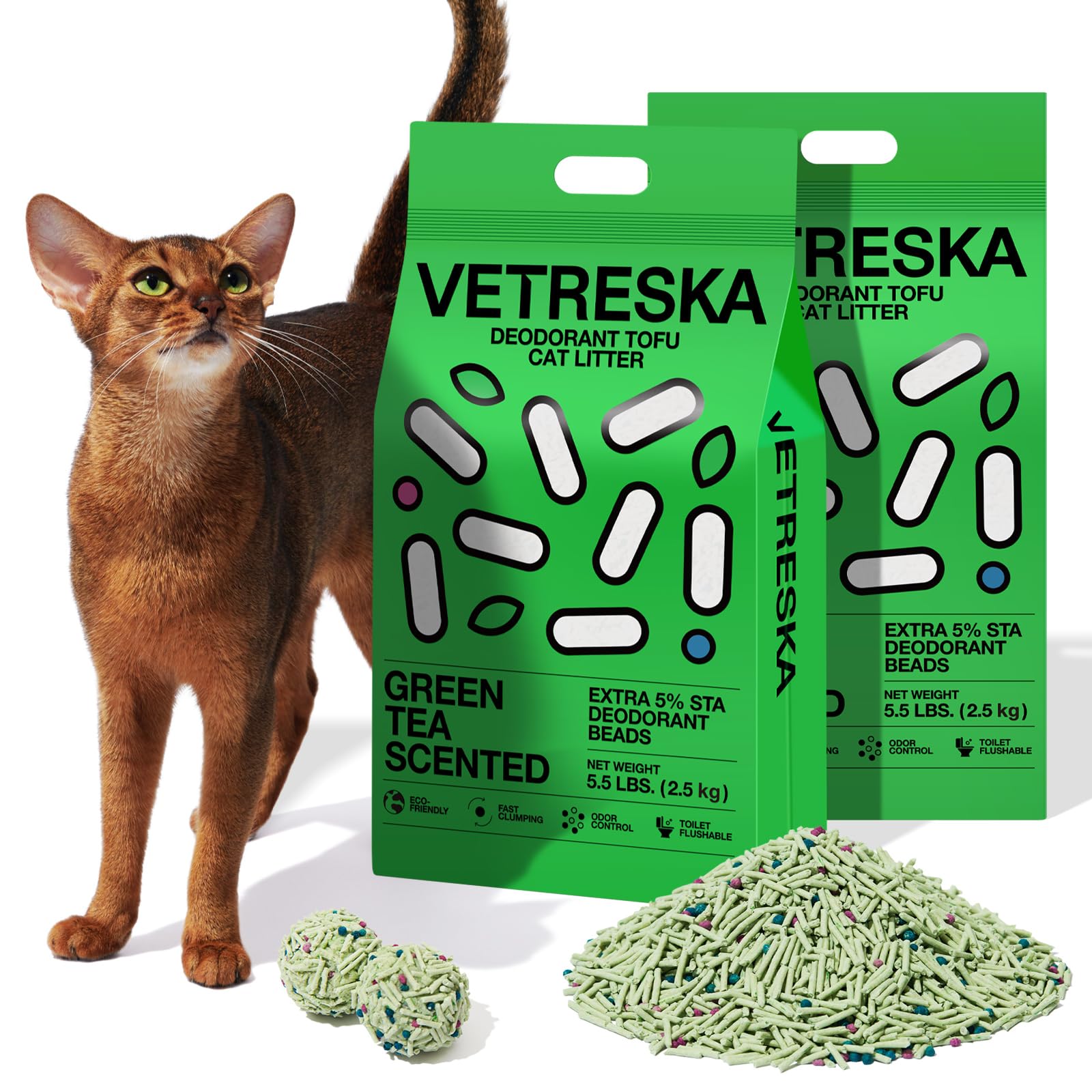 Vetreska Tofu Cat Litter,Natural Kitty Litter Strong Clumping Flushable Cat Litter Pellets Ultra Absorbent,Odor Control,Dust-Fre
