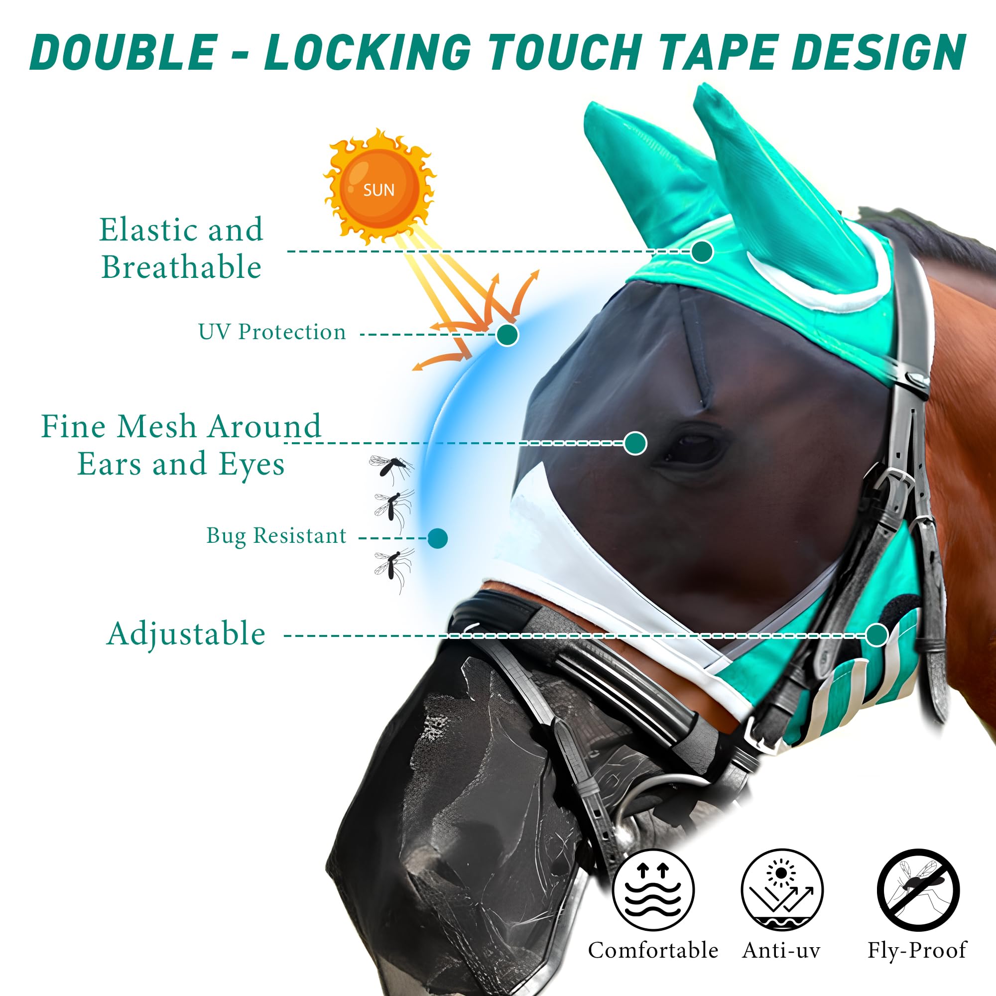Qoroos 2 in 1 Set Detachable Horse Fly Mask with Nose Cover Fly Masks for Horses with Ears & Eyes Adjustable for All Face UV Pro