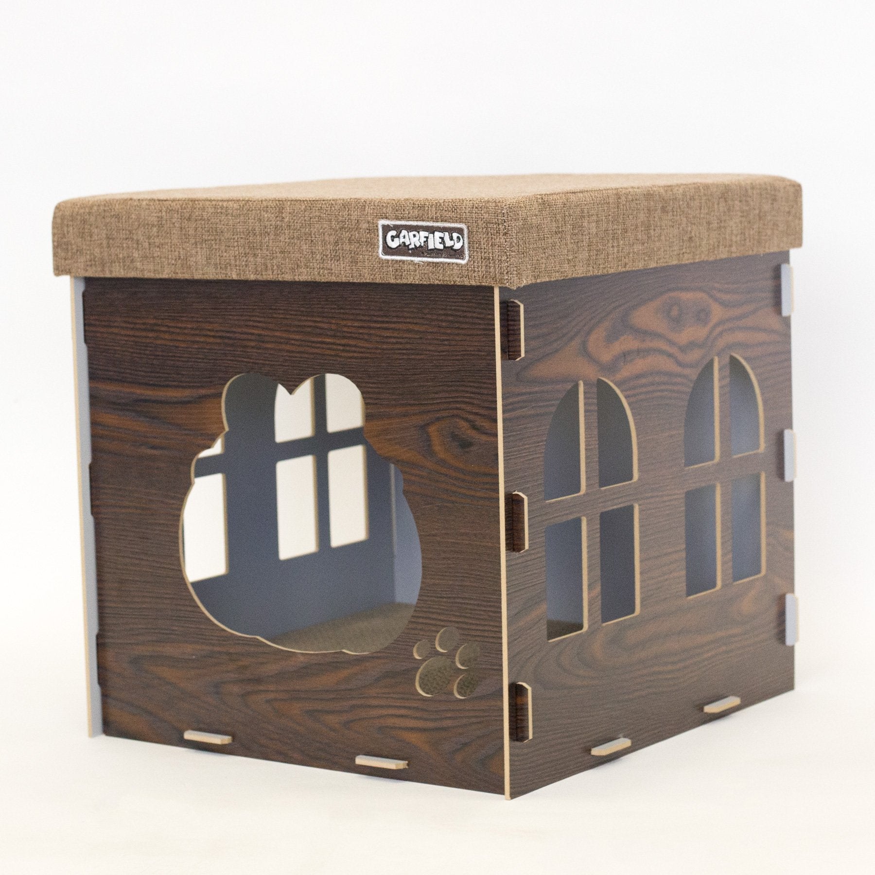 Garfield The Cat Tested and Approved cat condo, Durable Wood Construction, Included Scratcher Pads, Doubles as an Ottoman. Walnu