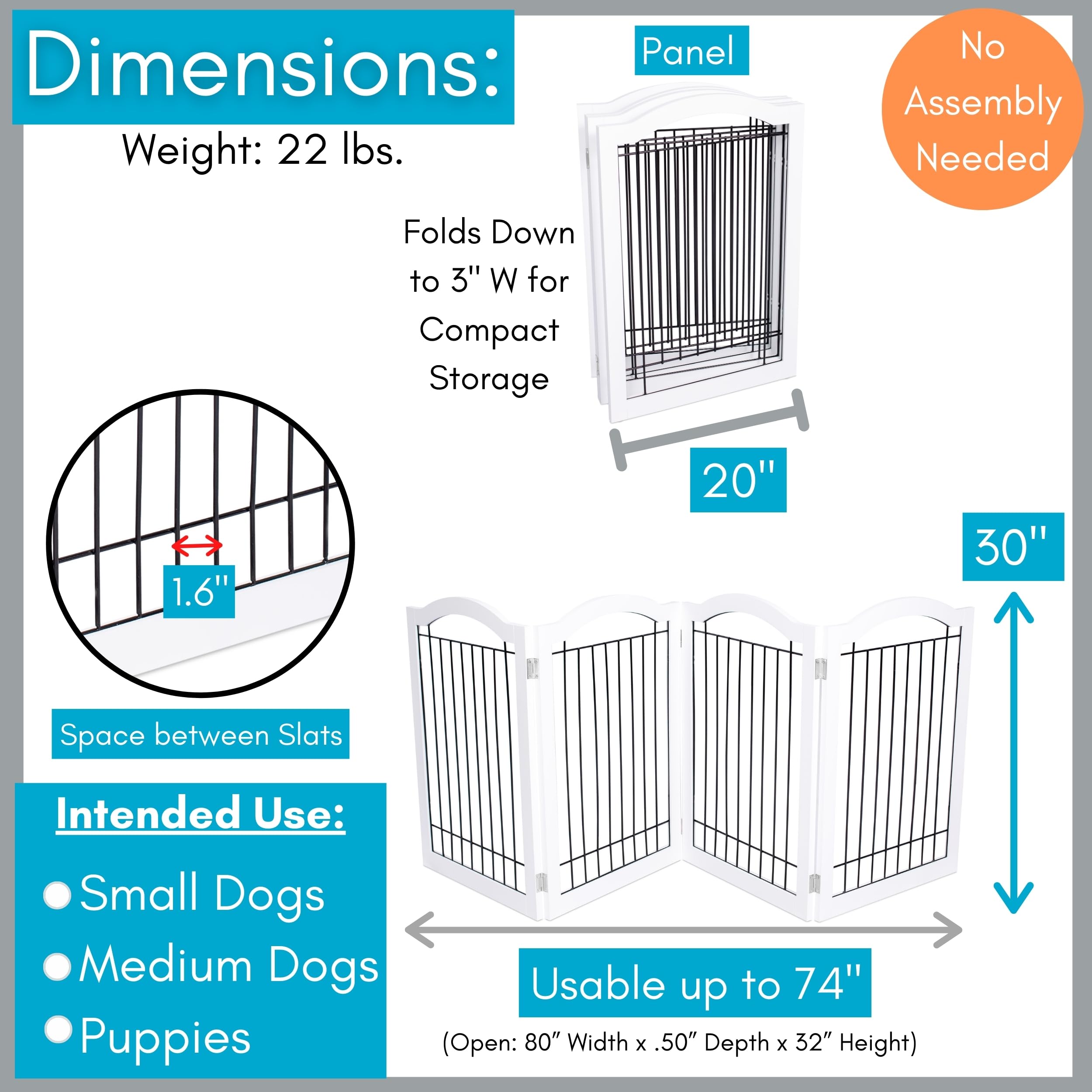 Internet'S Best Arched Top Wire Dog Gate - 4-Panel Free Standing Indoor Folding Pet Barrier, Ideal For Medium, Large Dogs, Puppies, & Cats, For Home, Doorway, Stairs - 30In X 80In, White