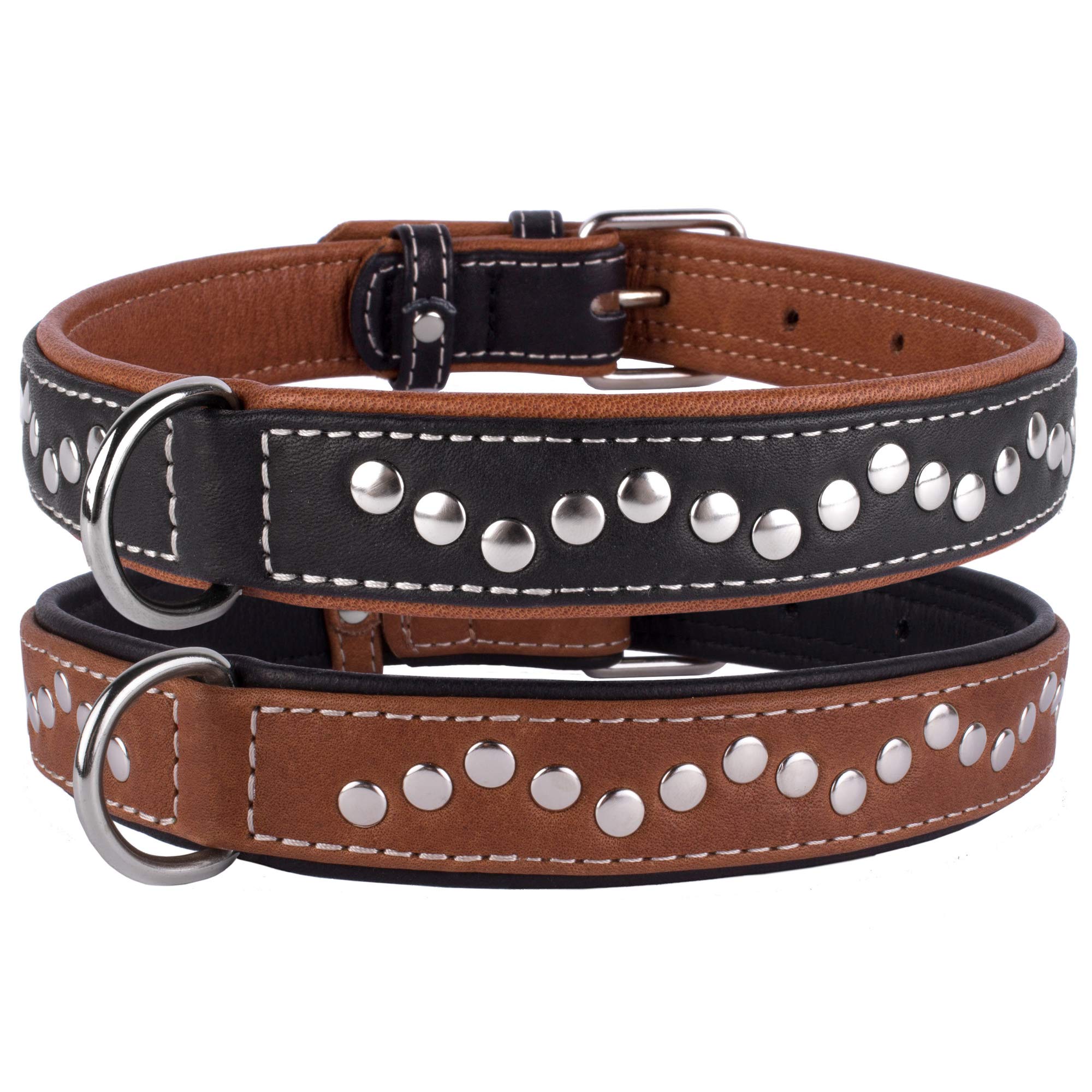 Collardirect Studded Dog Collar Leather Pet Collars For Dogs Small Medium Large Puppy Soft Padded Brown Black (Black, Neck Fit 1