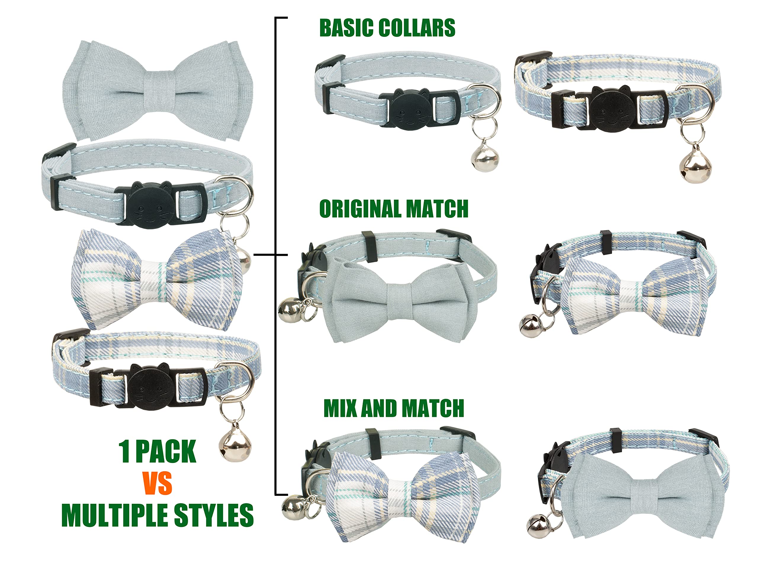 Gyapet Cat Collar Breakaway Bowtie Safety With Bell Adjustbale Kitten Puppy Solid Plaid Color Set D-[2Pcs] Blue Grey
