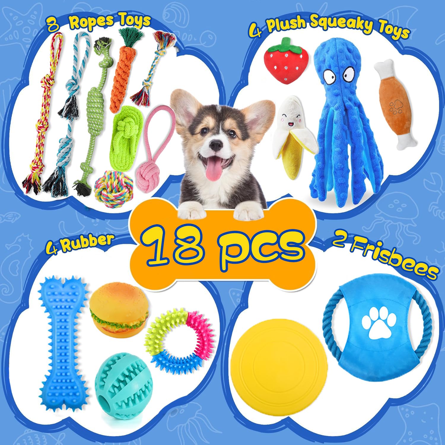 LosFong 18 Pack Luxury Dog Chew Toys for Small Dogs & Puppies - Premium Puppy Chew Toy Set with Ropes, Treat Ball, Squeaky Toys,