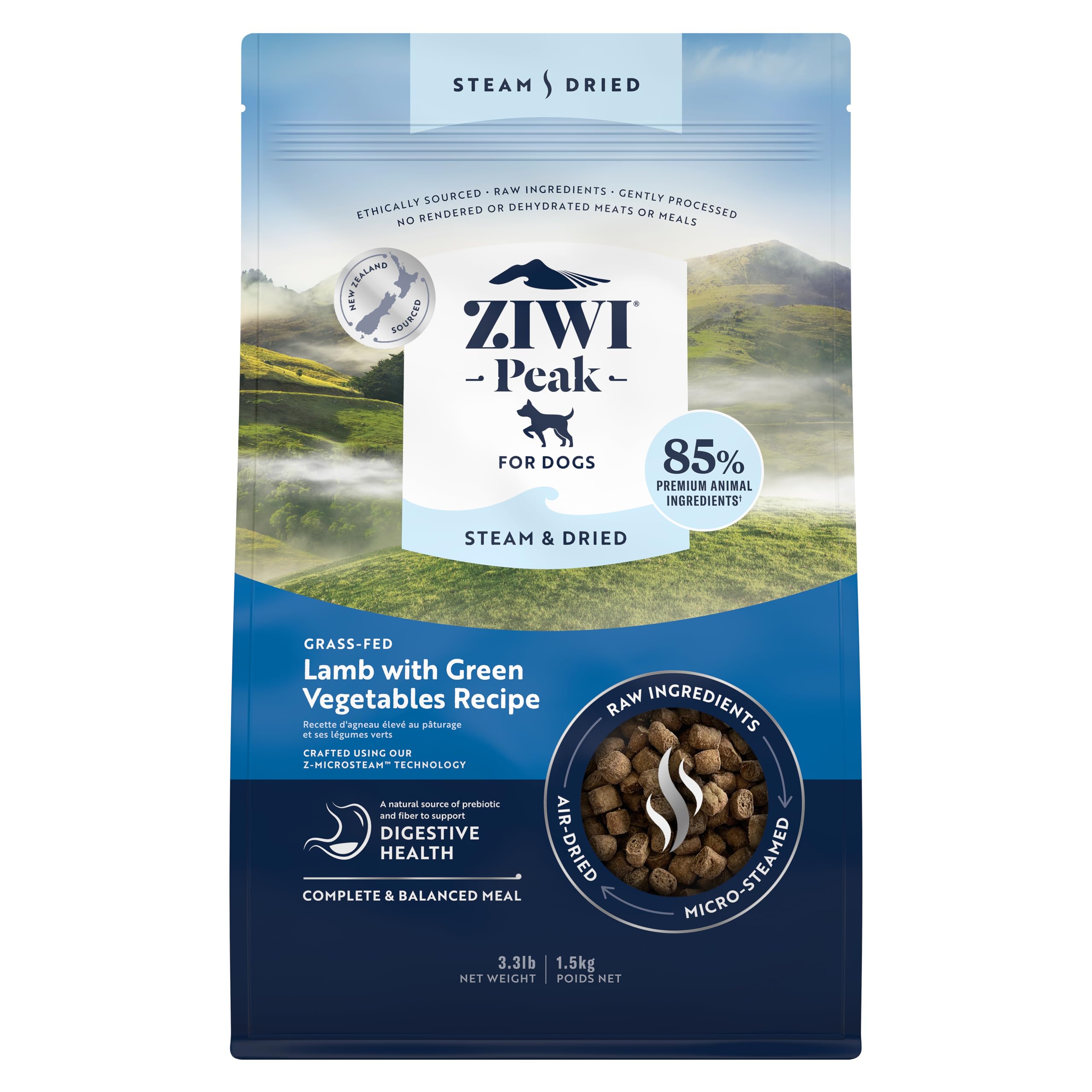 ZIWI Peak Steam & Dried Dog Food - Grass-fed Lamb w/Vegetables - High Protein, Low Carb, All Breeds & Lifestages, for Digestive 