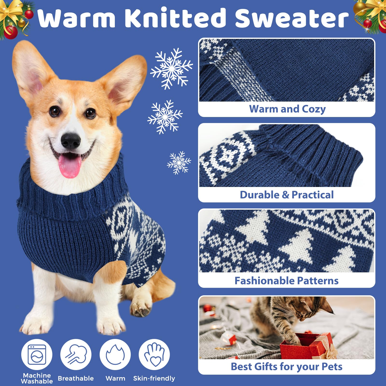 Christmas Dog Sweaters For Small Large Dogs Girl, Soft Warm Pup Dogs Shirt, Turtleneck Dog Sweaters For Medium Large Dogs, Double Knitting Collar For Outdoors Playing, Warm Dog Cat Clothes Blue L
