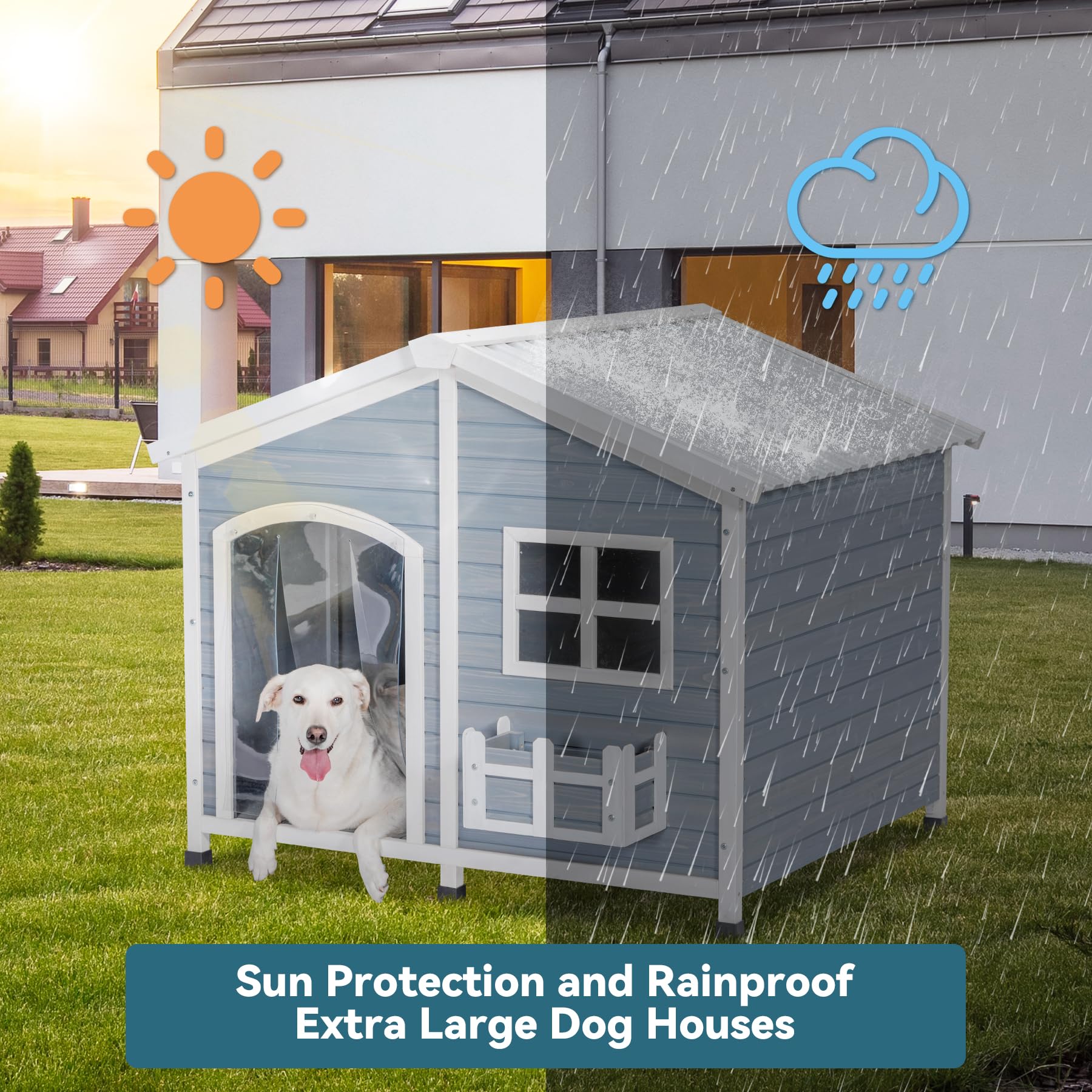 Petsfit 47'' Dog House Outdoor With Waterproof Pvc Roof, Extra Large Doghouse For 2 Medium Dogs, Dog House Outdoor Large Breed,