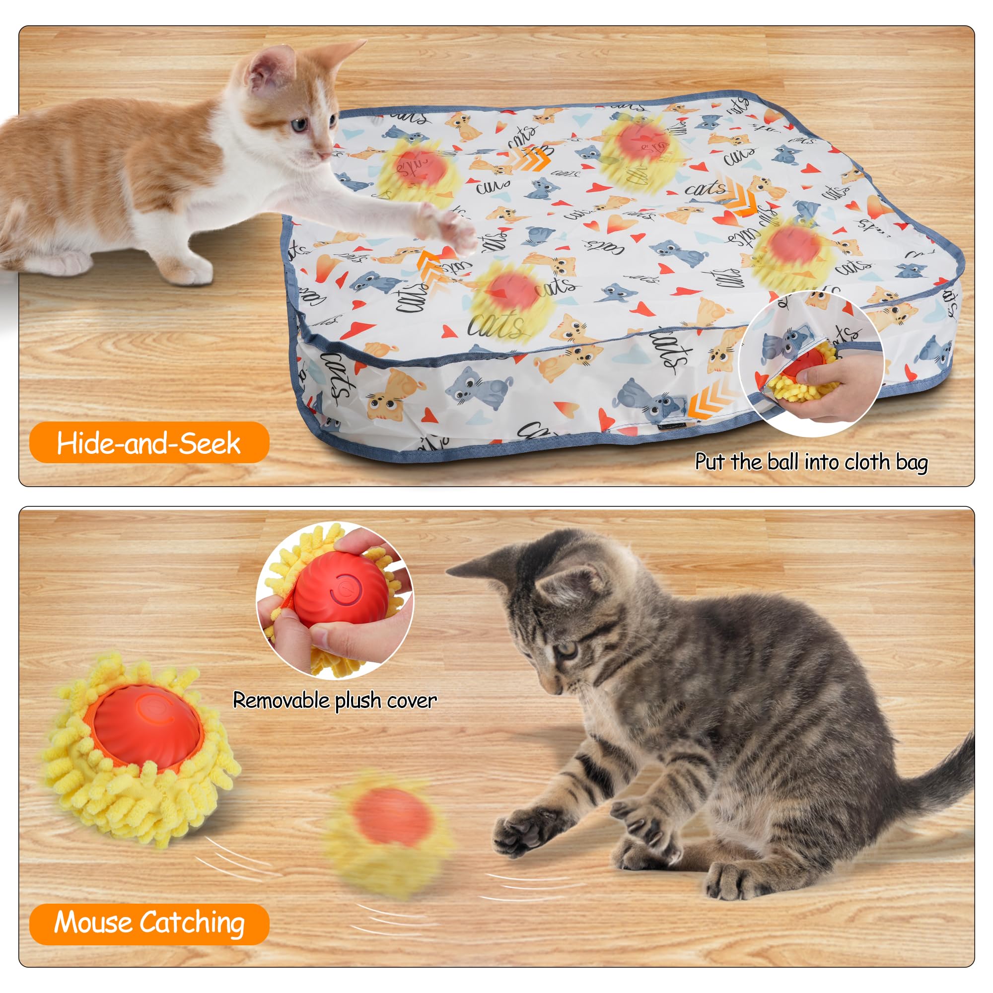 PLITTPETTS Interactive Cat Toys for Indoor Cats, Automatic Moving Cat Ball in Pouch, Self-Rolling Ball Hide and Seek Catching Ga