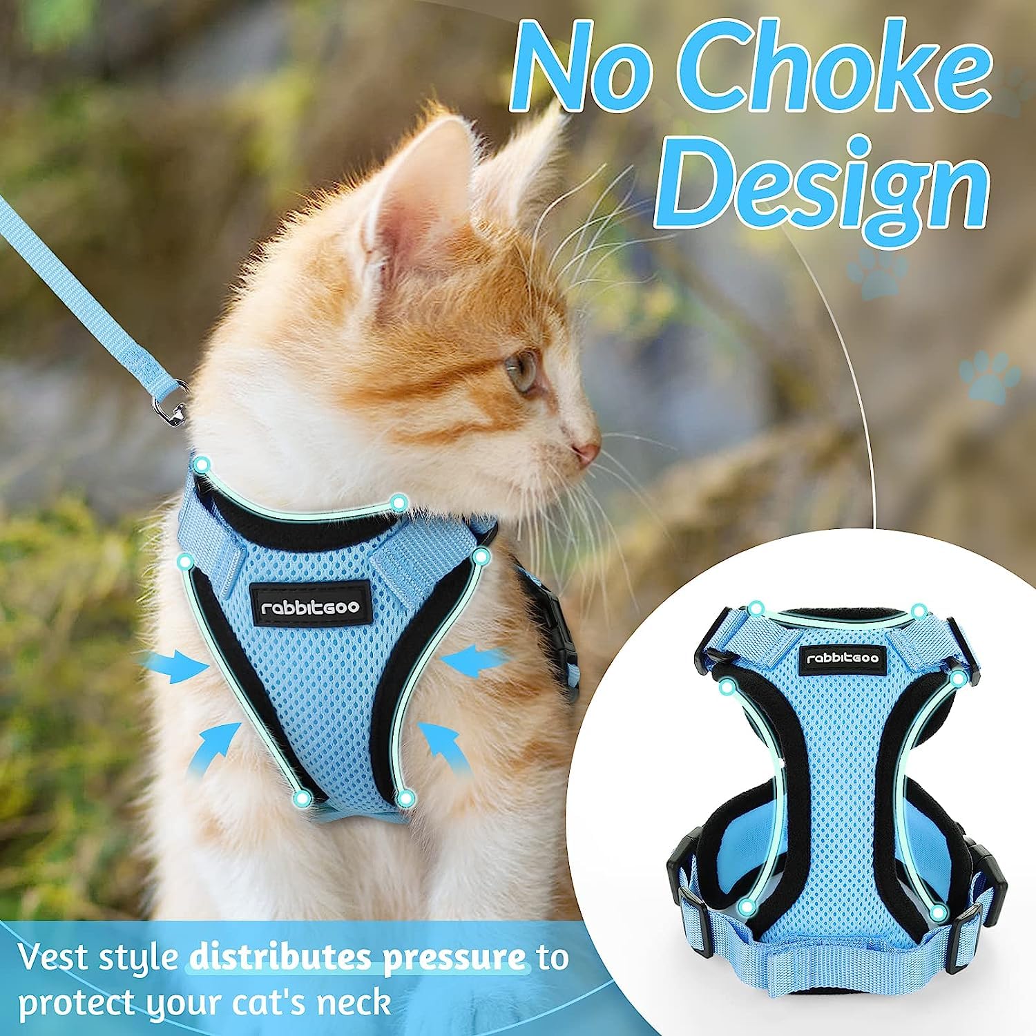 Rabbitgoo Cat Harness And Leash For Walking, Escape Proof Soft Adjustable Vest Harnesses For Cats, Easy Control Breathable Reflective Strips Jacket, Light Blue,M