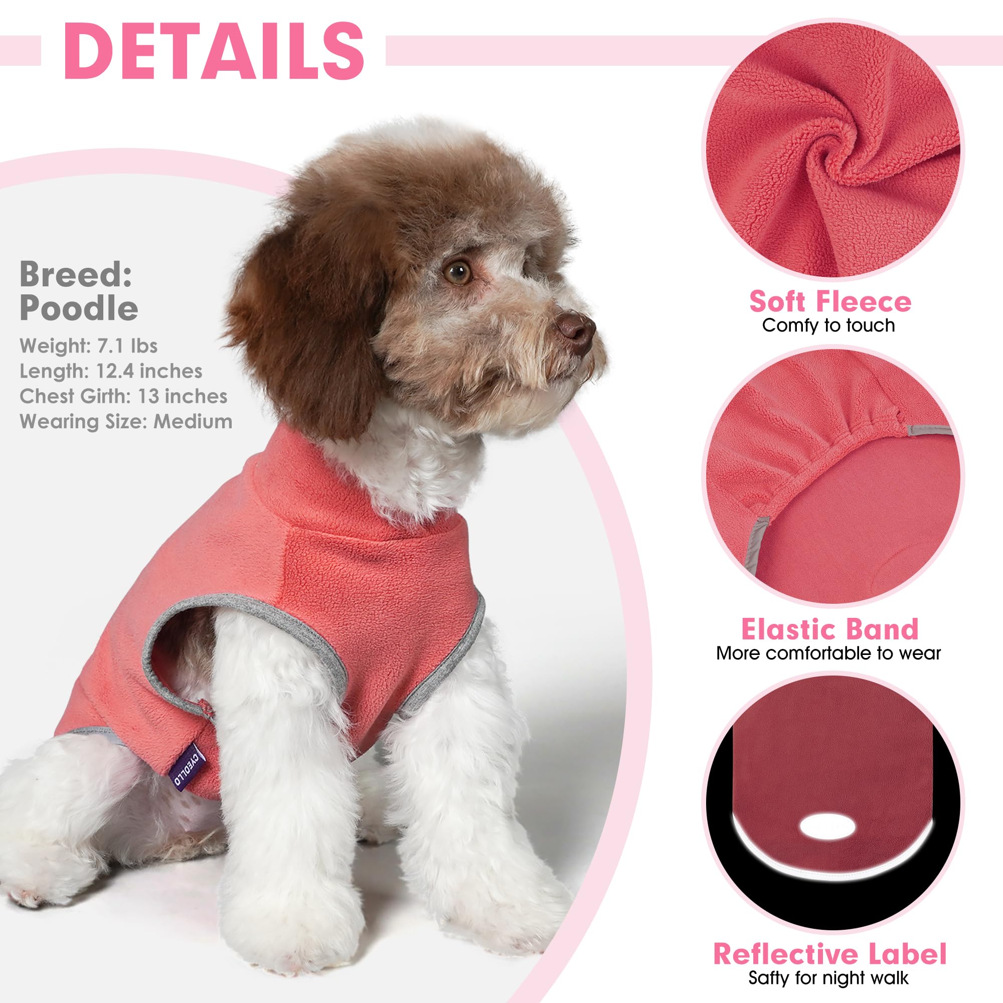 Cyeollo 2 Pack Fleece Dog Sweater Vest Dog Sweatshirt Reflective Lightweight Dog Clothes For Small Dogs Girl Pet Apparel Pink, F