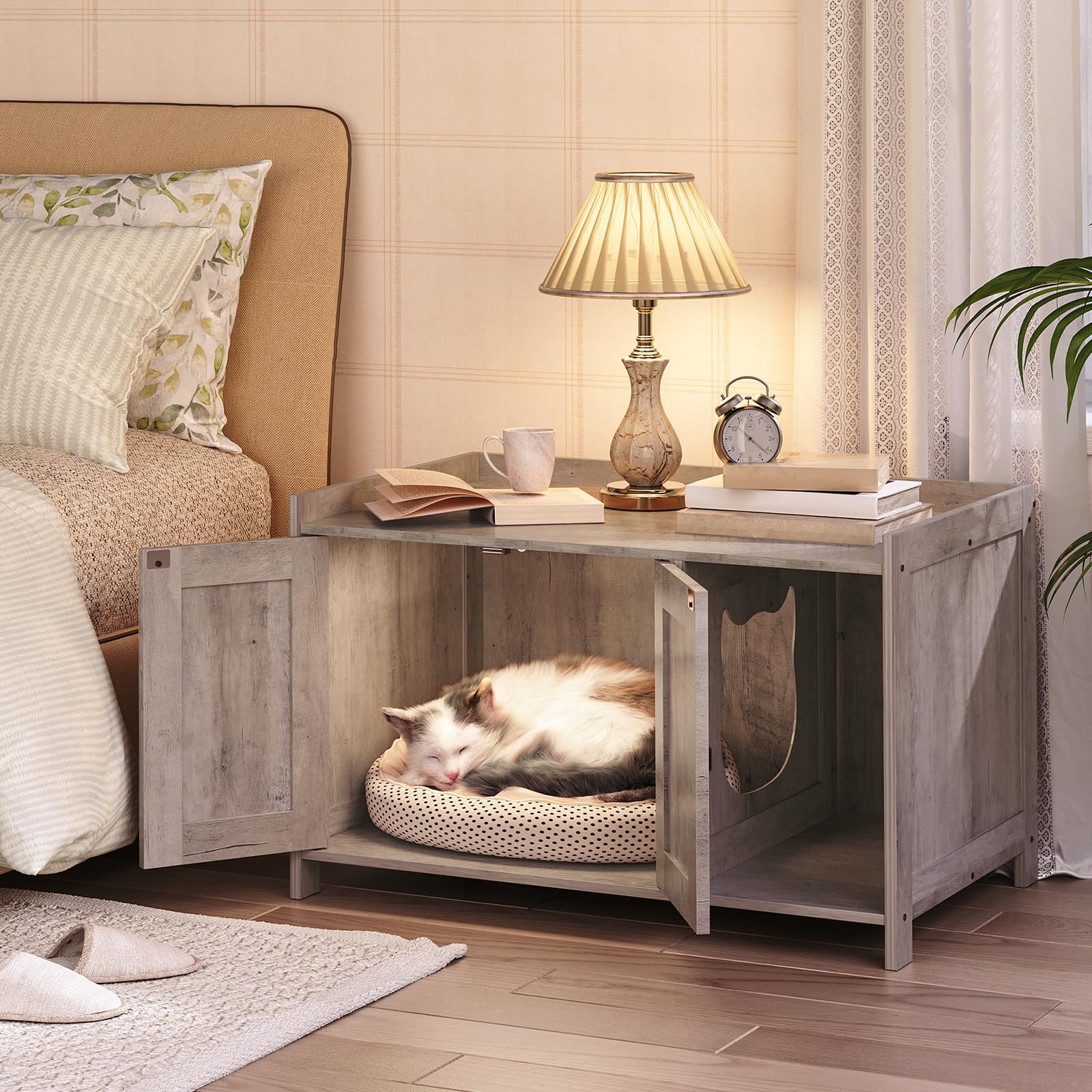 Mahancris Cat Litter Box Enclosure, Hidden Litter Box Furniture With Divider, Indoor Cat House, Wooden Washroom Storage Cabinet