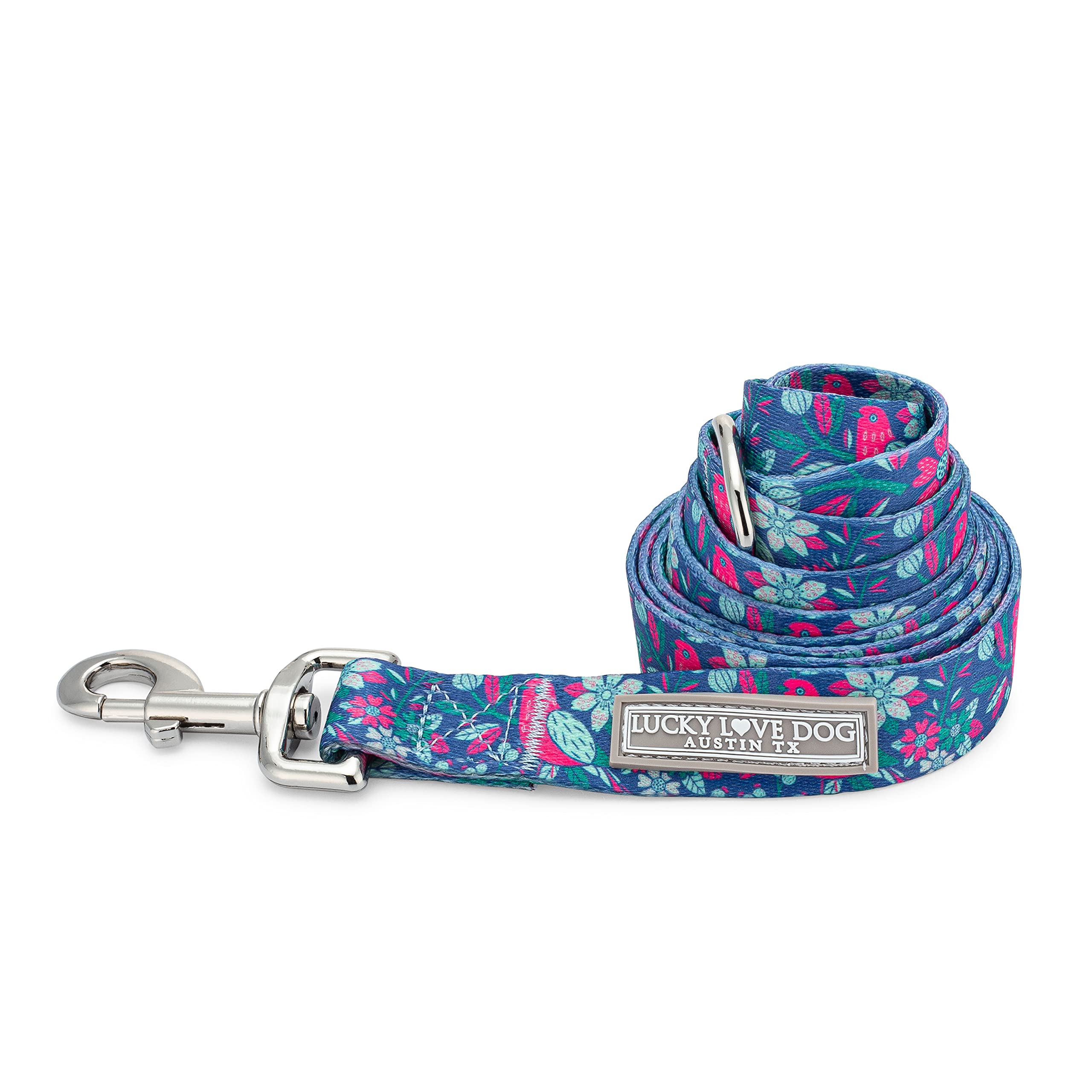 Lucky Love Dog, Whimsical Bird Dog Leash, Vivid Pink, Mint, Blue Flowers Large Leash For Female Male Dogs - (L, Carriebelle Leash)