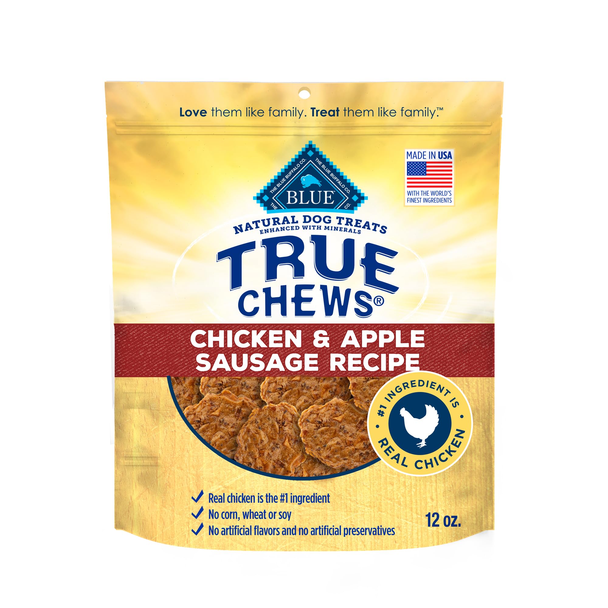 Blue Buffalo True Chews Dog Treats, Made in the USA with Natural Ingredients, Chicken and Apple Sausage Recipe, 12-oz Bag