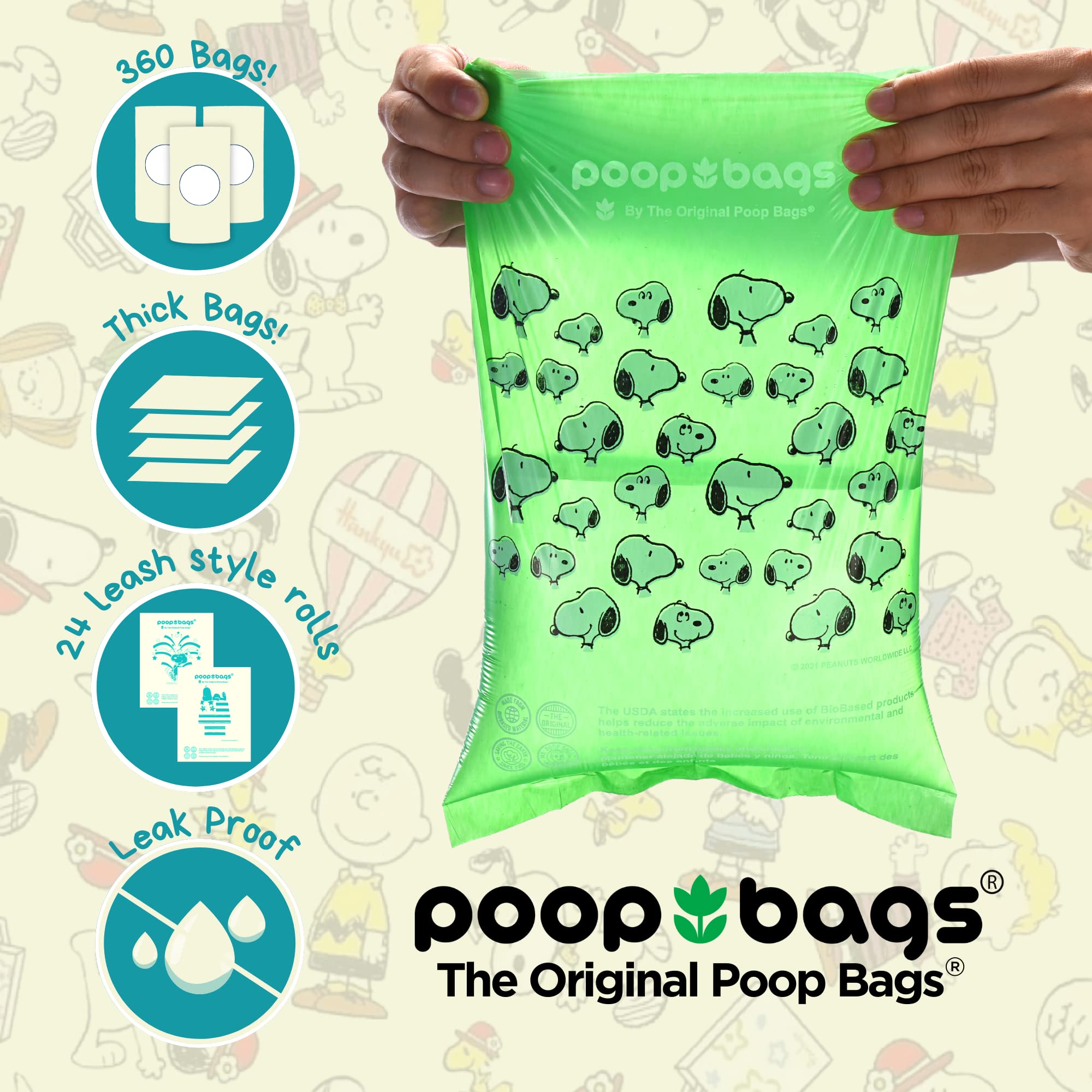 The Original Poop Bags USDA Biobased Pet Waste Bags - Peanuts Characters - Durable, Leak Resistant, 360 Count, BLK/GREEN