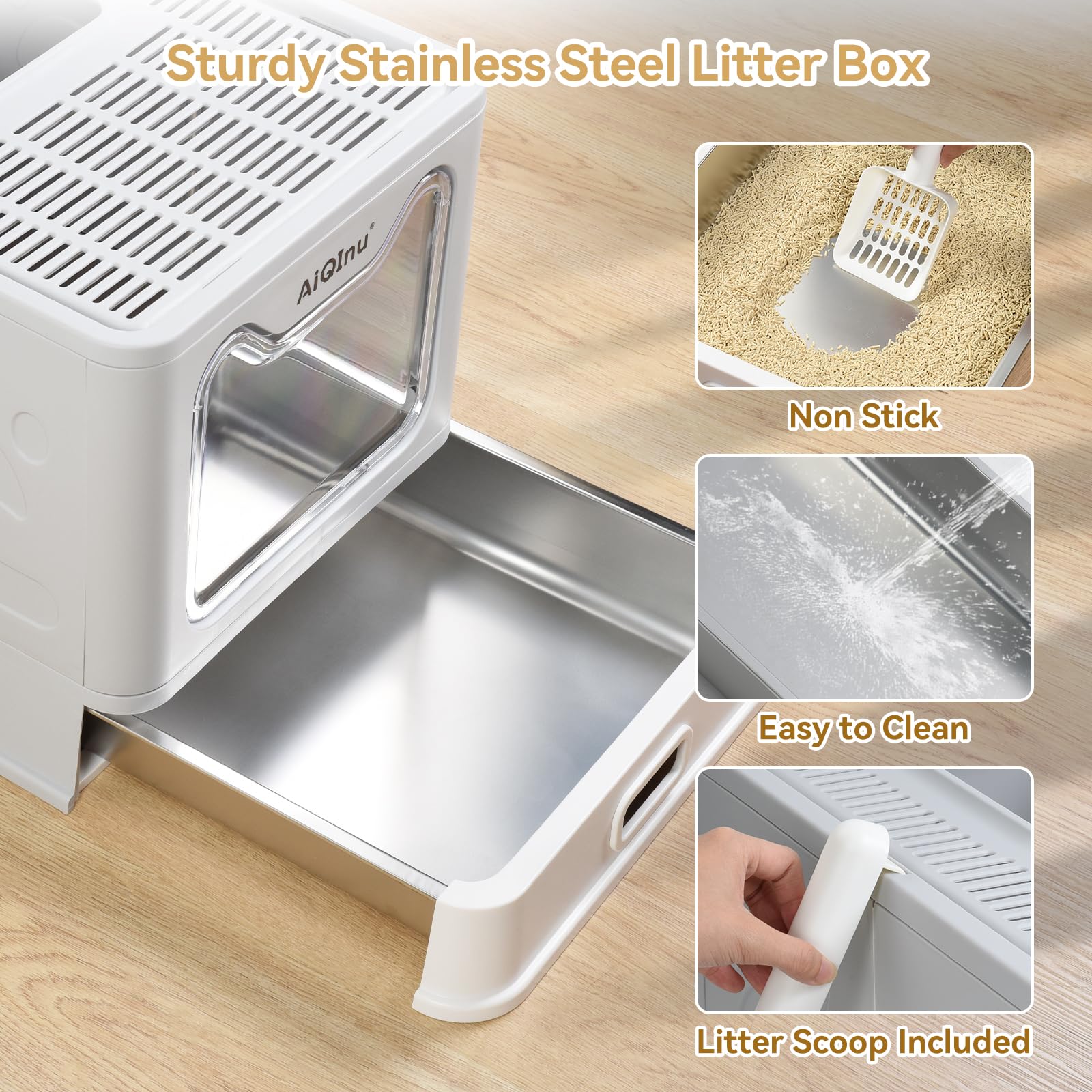Aiqinu Stainless Steel Cat Litter Box With Lid And Scoop - Up To 20 Lbs, Foldable Large Enclosed Metal Litter Box With High Side