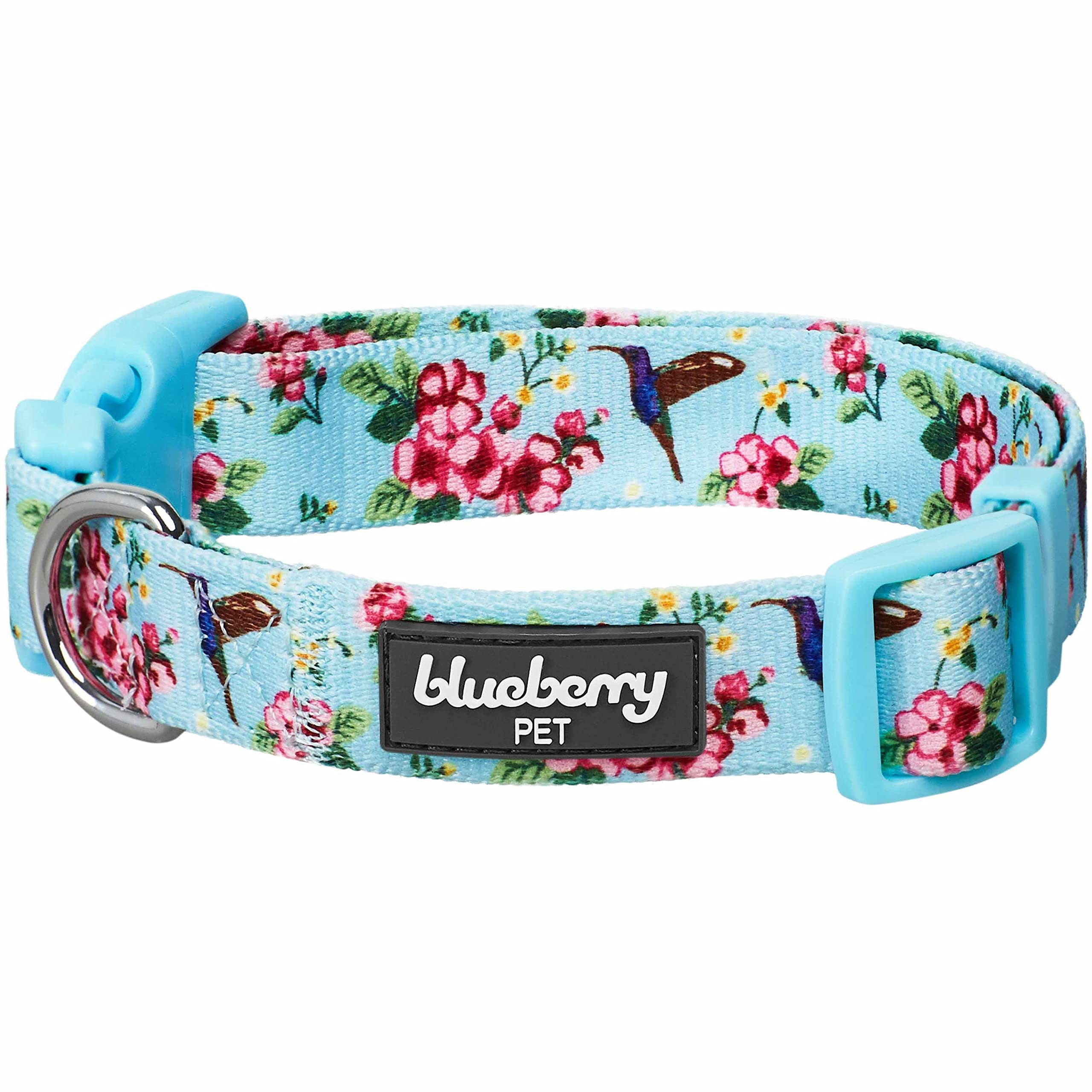 Blueberry Pet Spring Scent Inspired Flower And Hummingbird Adjustable Dog Collar, Sky Blue, Large, Neck 18''-26''