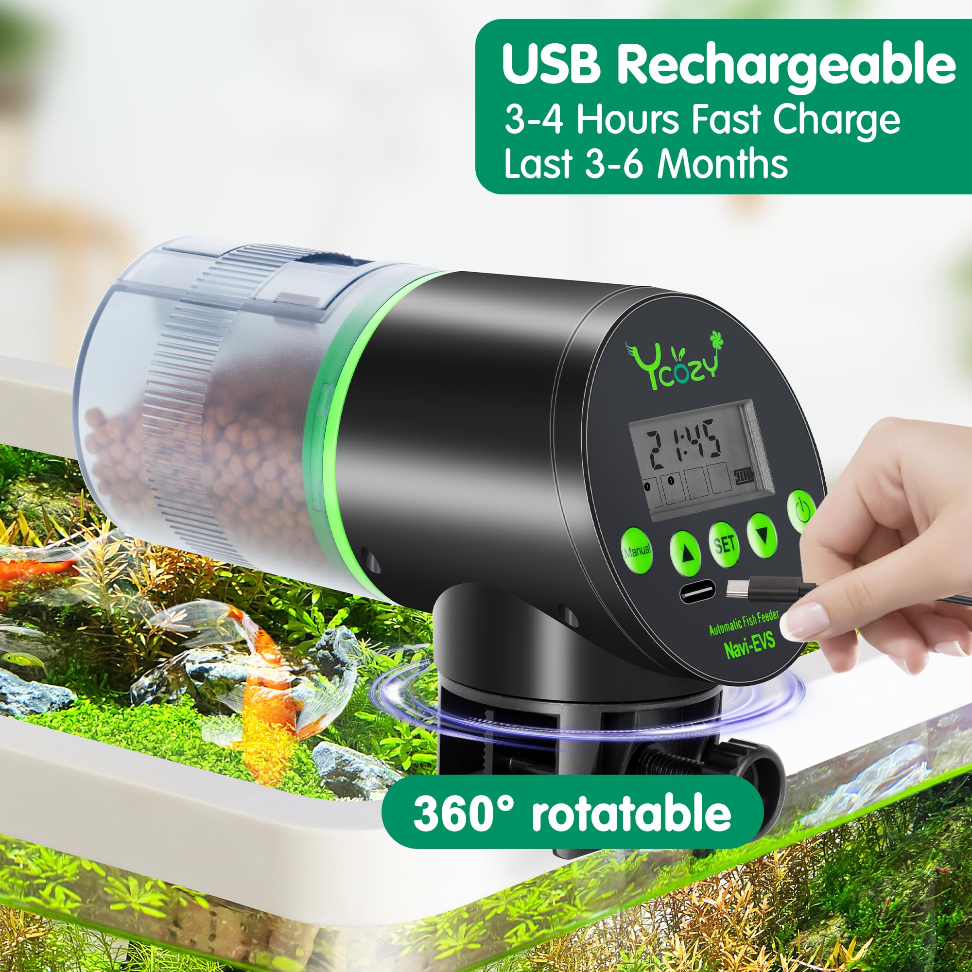Ycozy Automatic Fish Feeder Rechargeable with Type-C Cable Fish Feeder Automatic Dispenser for Vacation Small Tank/Betta/Turtle