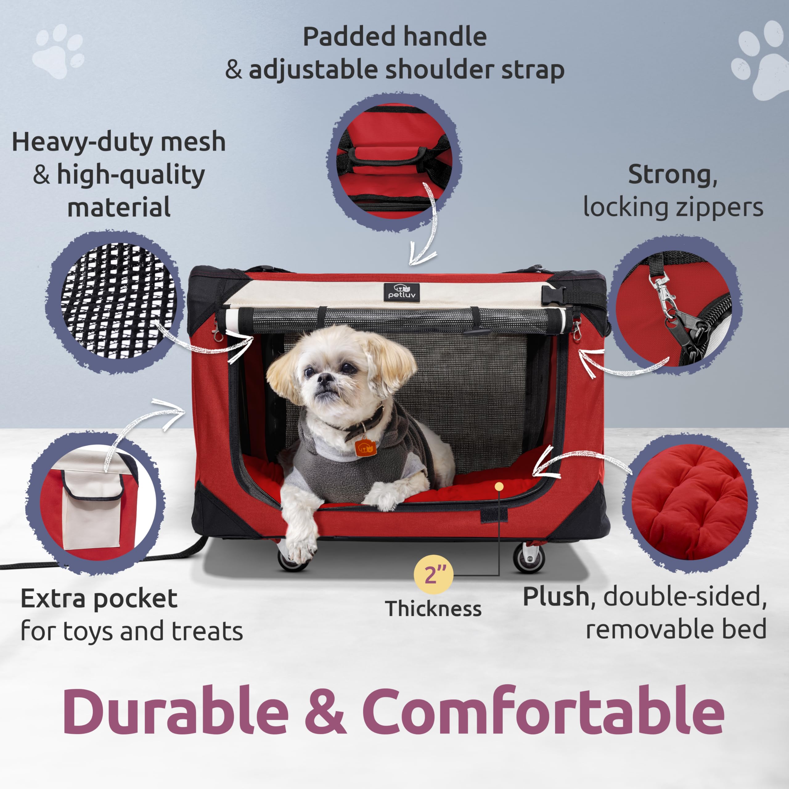 Petluv Large Cat Carrier On Wheels, Dog Carrier For 2 Cats Or Medium Dog, Soft-Sided, Collapsible With Locking Zippers, Red