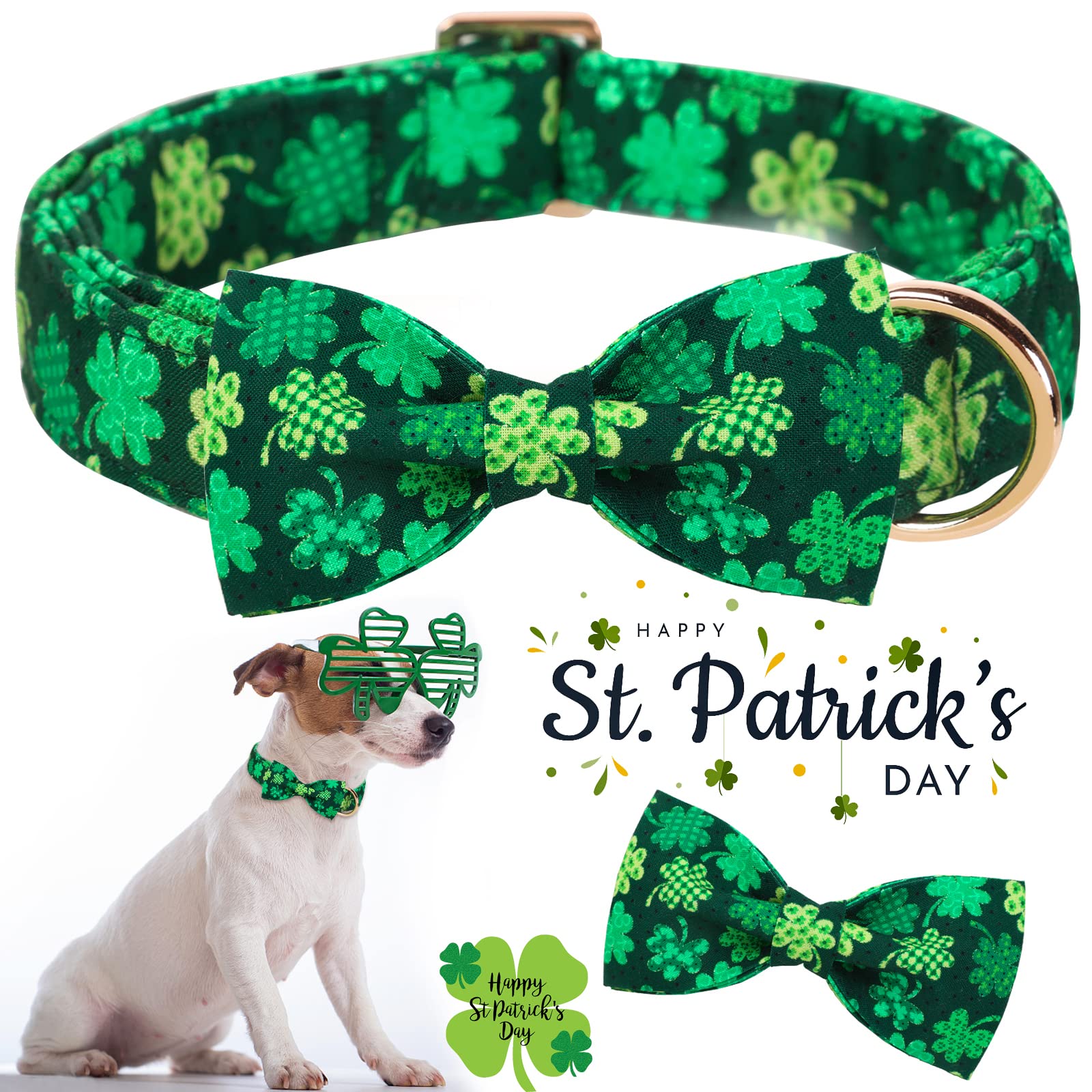 ARING PET St. Patrick 's Day Dog Collar-Cute Clovers Dog Collar with Bow, Cotton Trefoil Bowtie Dog Collars with Metal Buckle fo