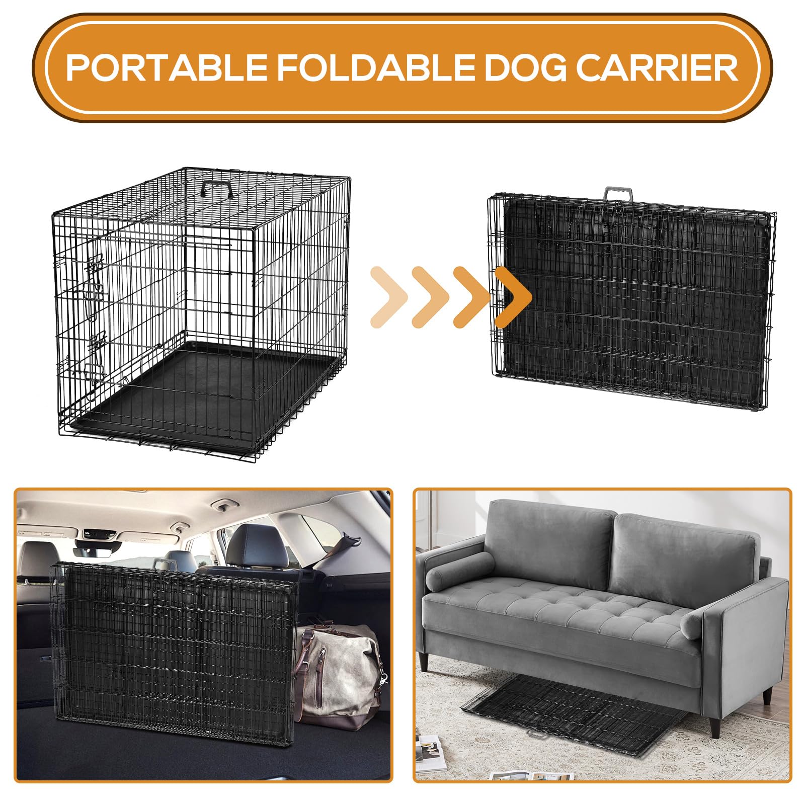 Dog Crate, 36 Inch Medium Wire Kennel With Divider Panel, Metal Cages With Double Door, Leak-Proof Pan Tray, Folding Portable Fo