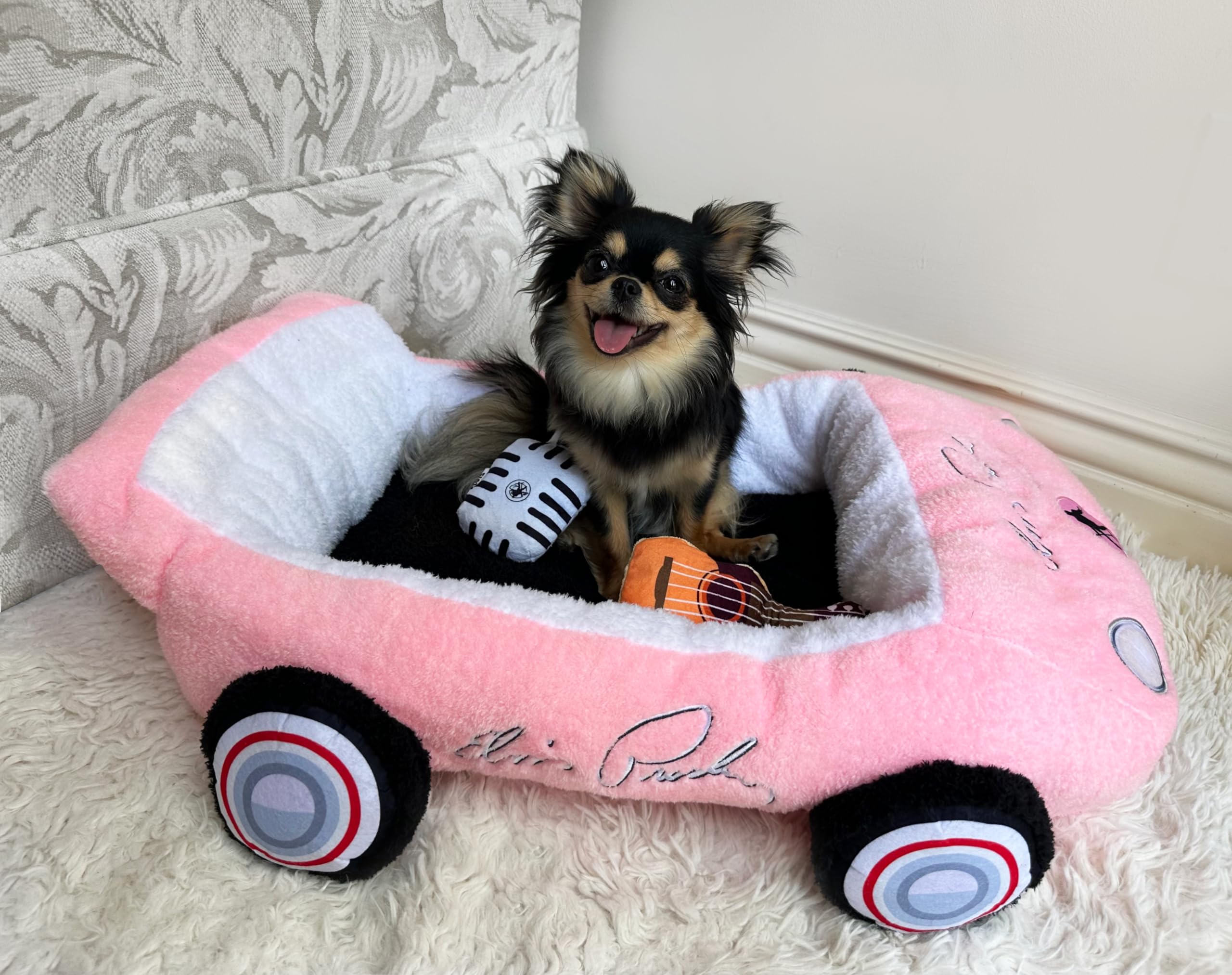 Megatoys Elvis Plush Car Pet Bed - Pink Pet Bed With Musical-Design Pillows And Elegant Car Styling