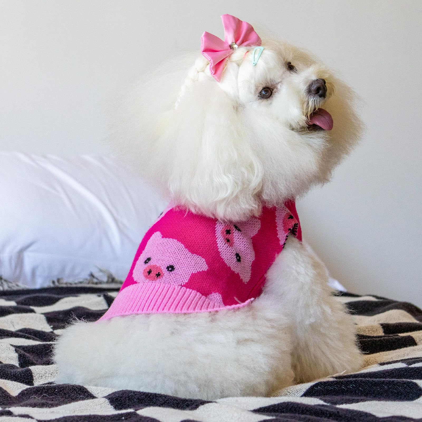 Cutebone Dog Sweater For Small Medium Dogs Pink Pig Knit Puppy Sweater Turtleneck Pet Winter Clothes Cat Apparel With Harness Ho