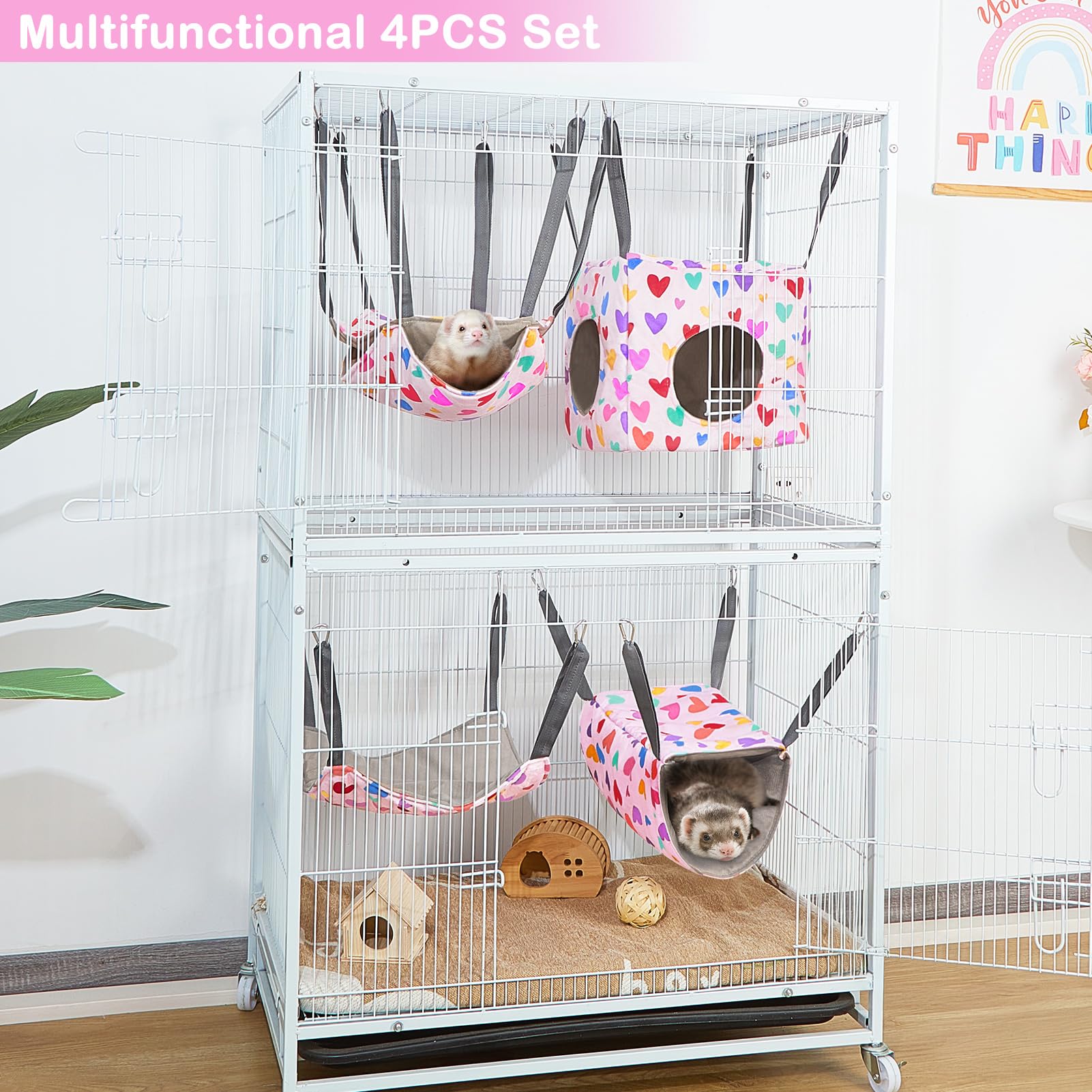 Glittme Ferret Hammock 4 Pack Ferret Cage Accessories Washable Rat Hammock Soft Guinea Pig Hammock For Ferrets, Rat, Sugar Glide