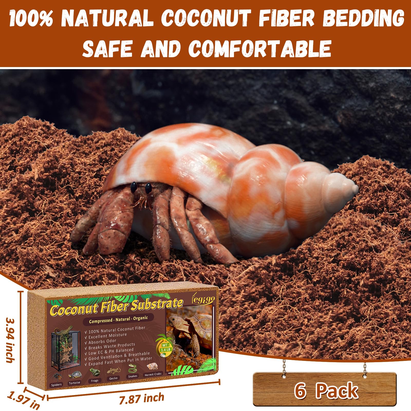 Legigo 6 Pack Organic Coconut Fiber Substrate for Reptiles - Natural Terrarium Bedding, Model L-UK-Pet Brick-6pack