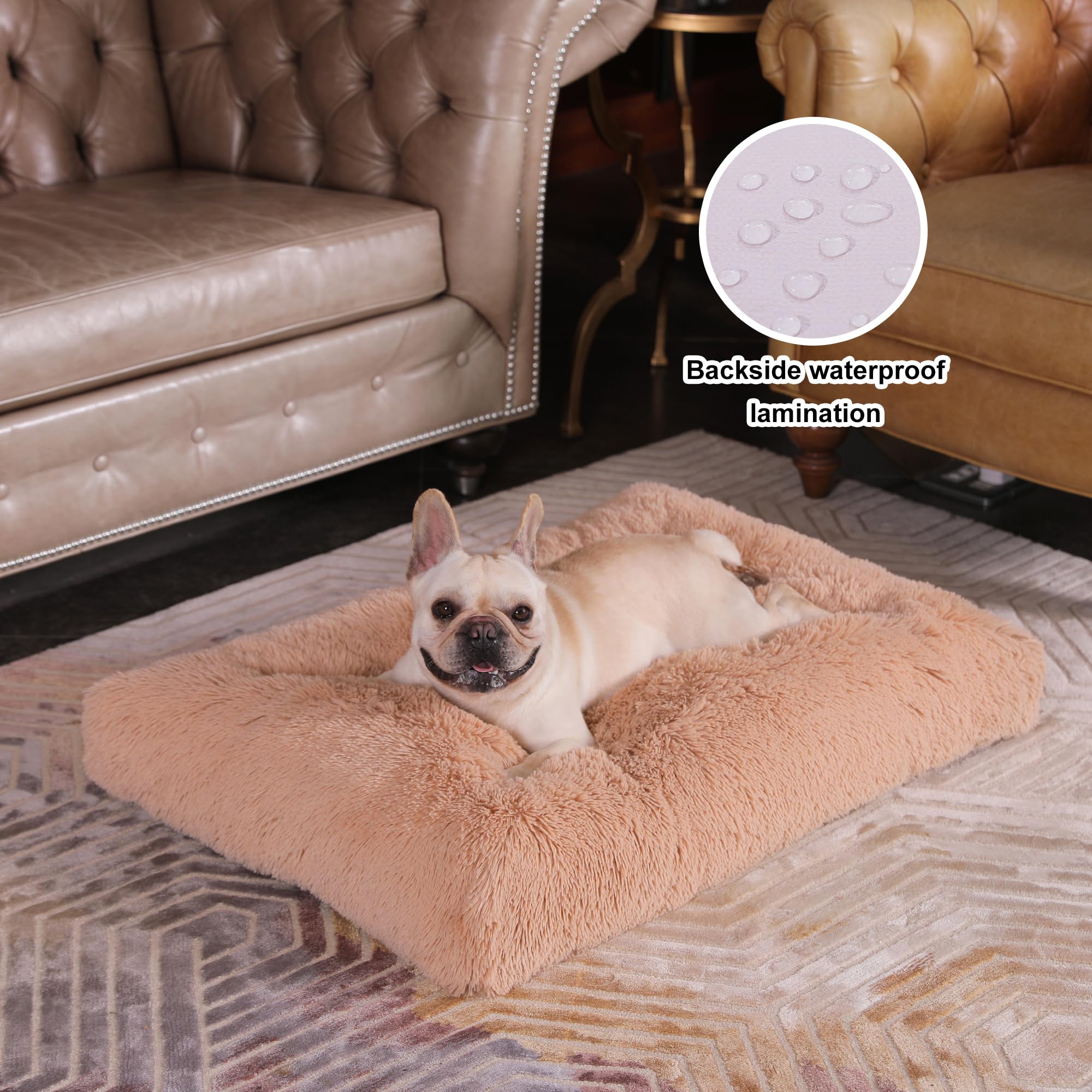 Bedfolks Plush Waterproof Dog Crate Bed, Removable Washable Cover, Faux Fur Pad For Medium Dogs, 29''X21'', Camel