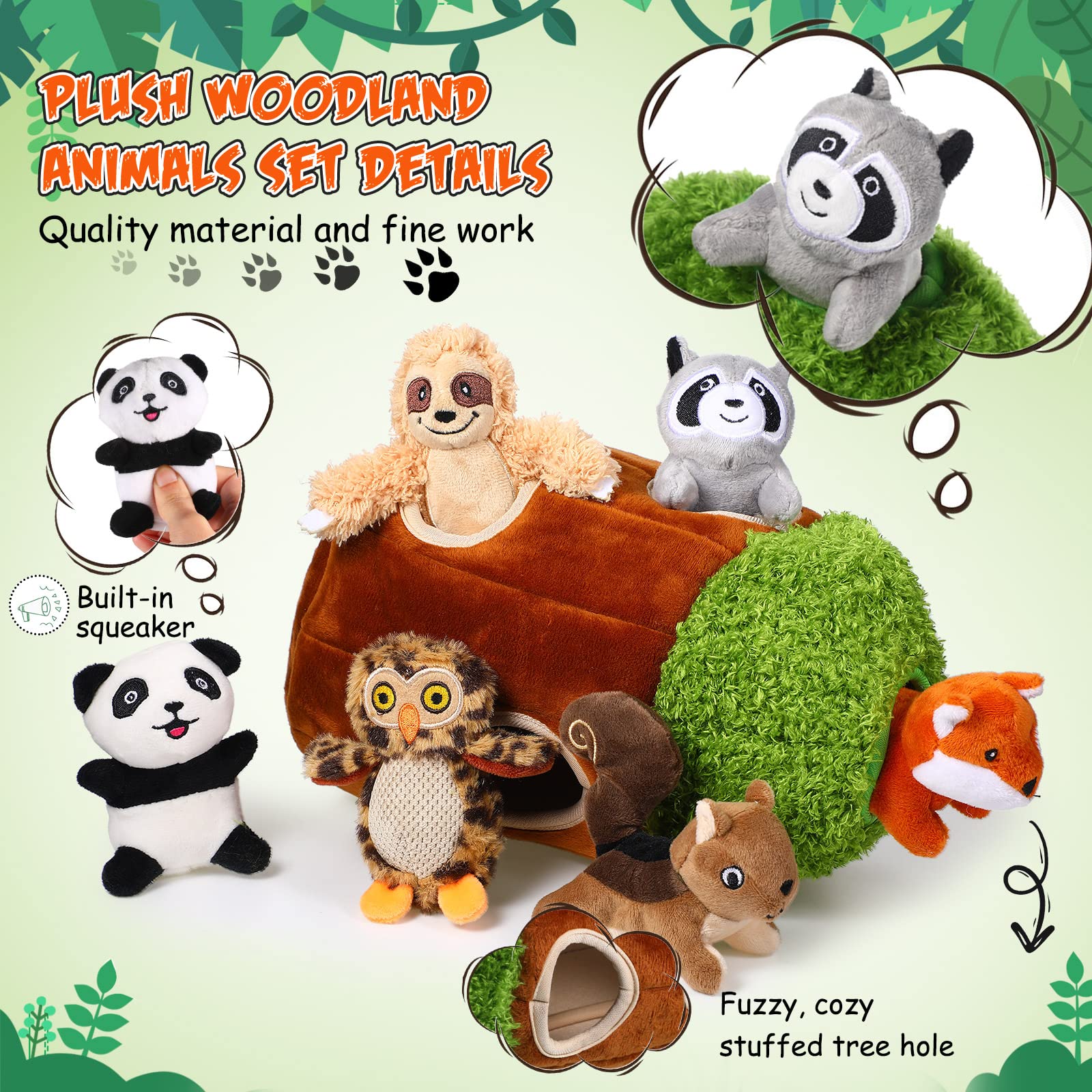 7 Pieces Dog Hide and Seek Toys Activity Puppy Chew Squeaky Toys Plush Stuffing Woodland Friends Stuffing with Squeakers for Sma