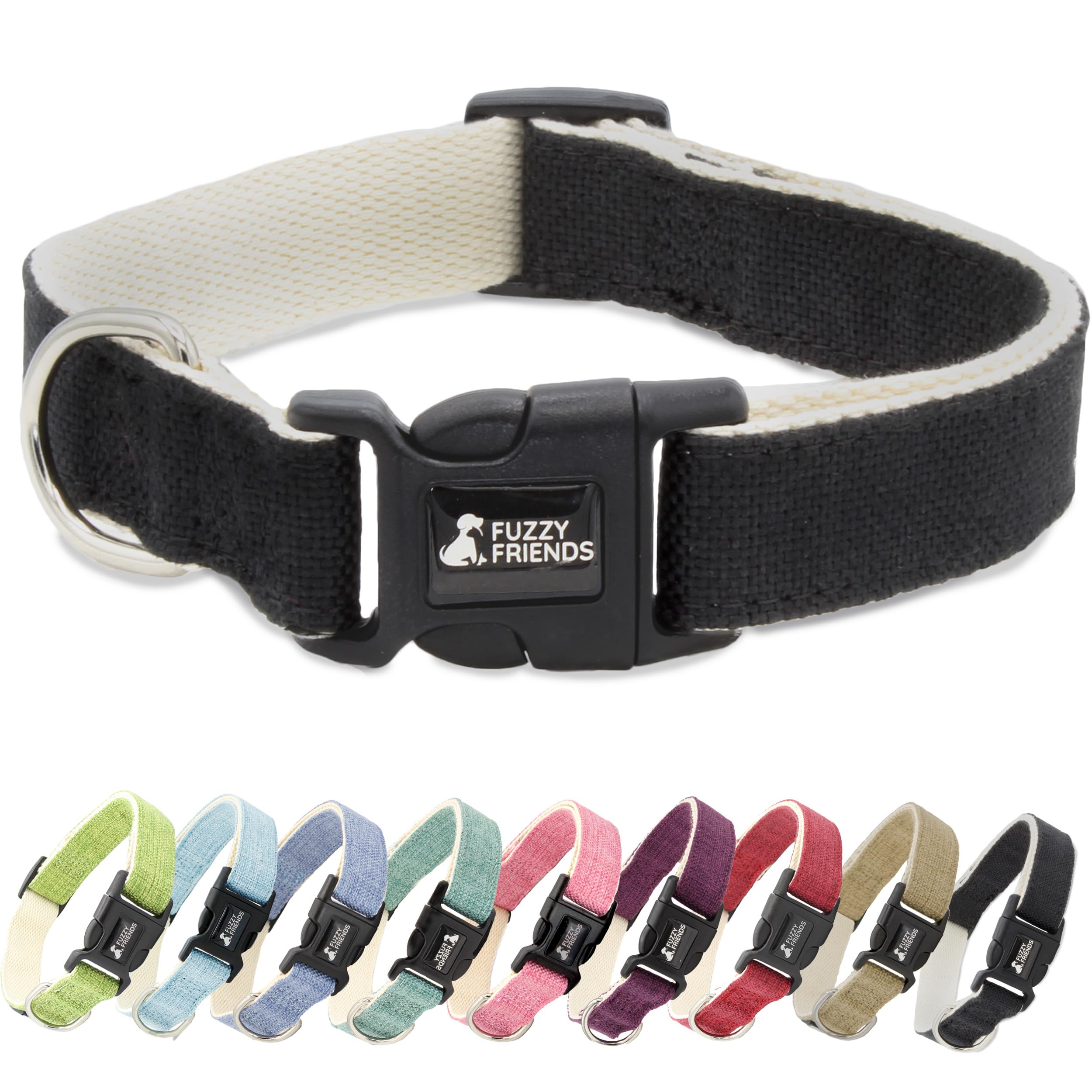 Fuzzy Friends Black Hemp Dog Collar - Hypoallergenic Dog Collar - Comfortable for Sensitive Skin or Allergies with no Harsh Dyes