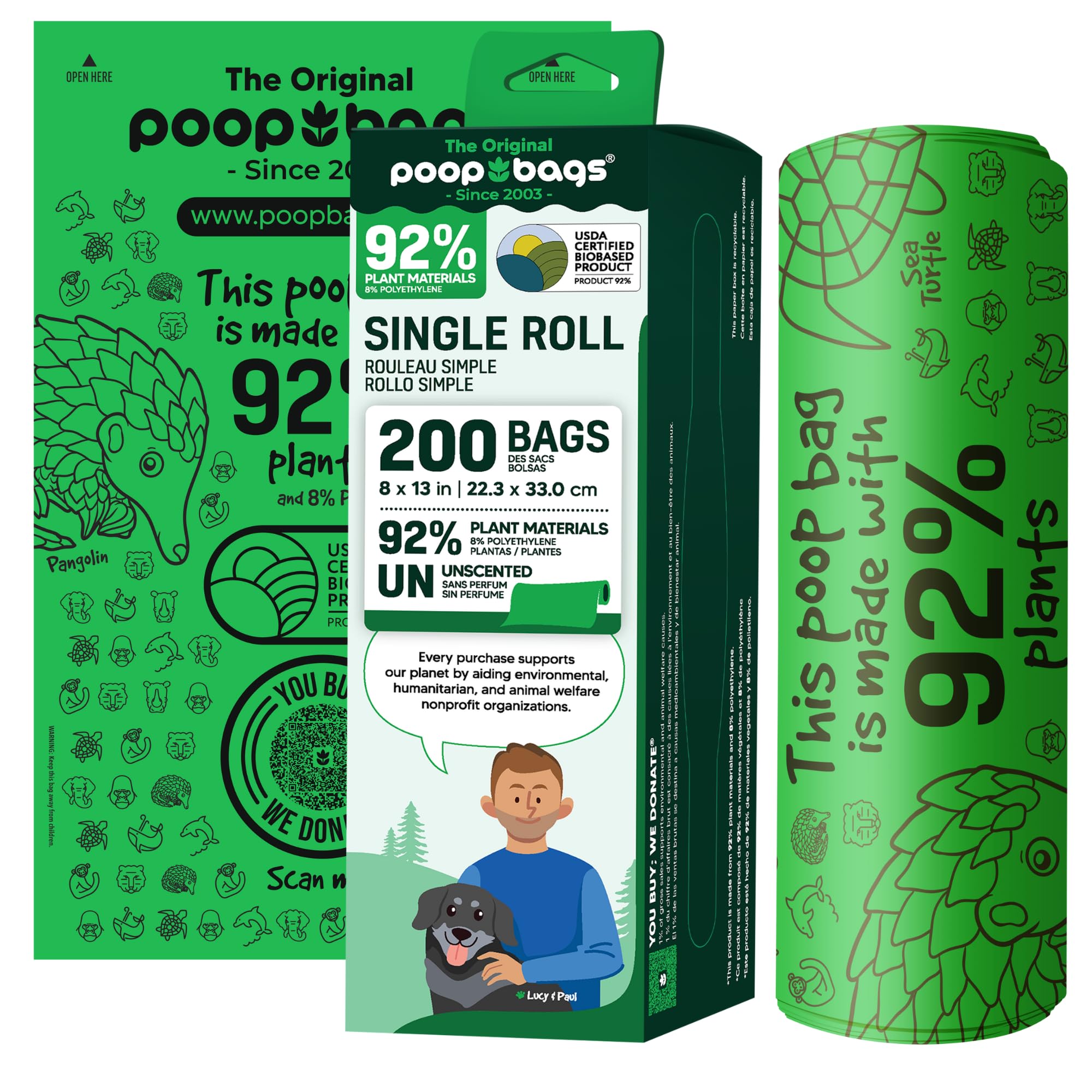 The Original Poop Bags 92% Plant-Based Dog Waste Bags, Leak-Proof & Heavy Duty, Extra Large Doggie Bags, Unscented, 200 Count