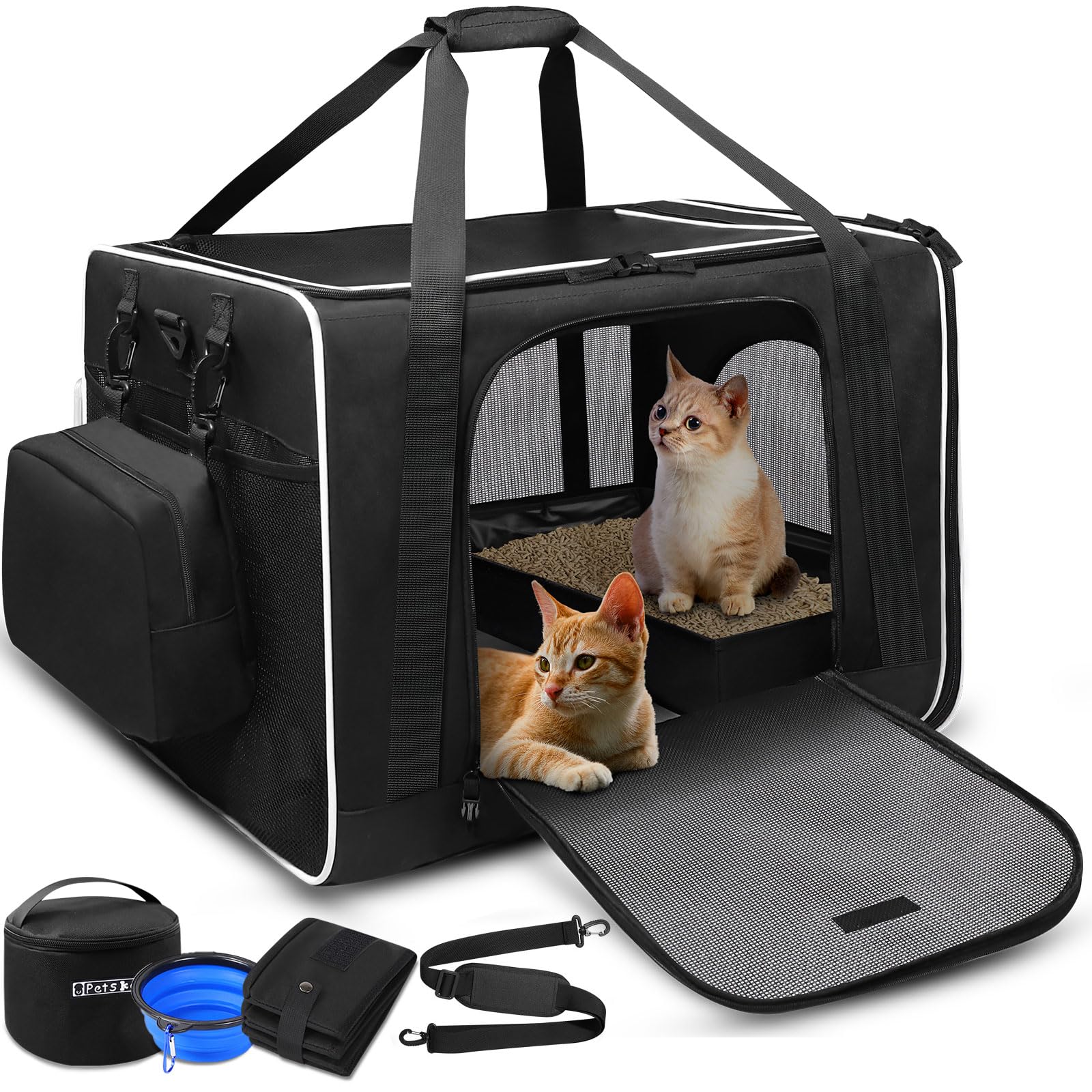 Petskd Extra Large Cat Carrier With Litter Box 24'X17'X17' For Medium Large Cat Or 2 Small Cats, Collapsible Soft Sided Pet Carrier For Car Travel With Lockable Safety Zippers(Black)