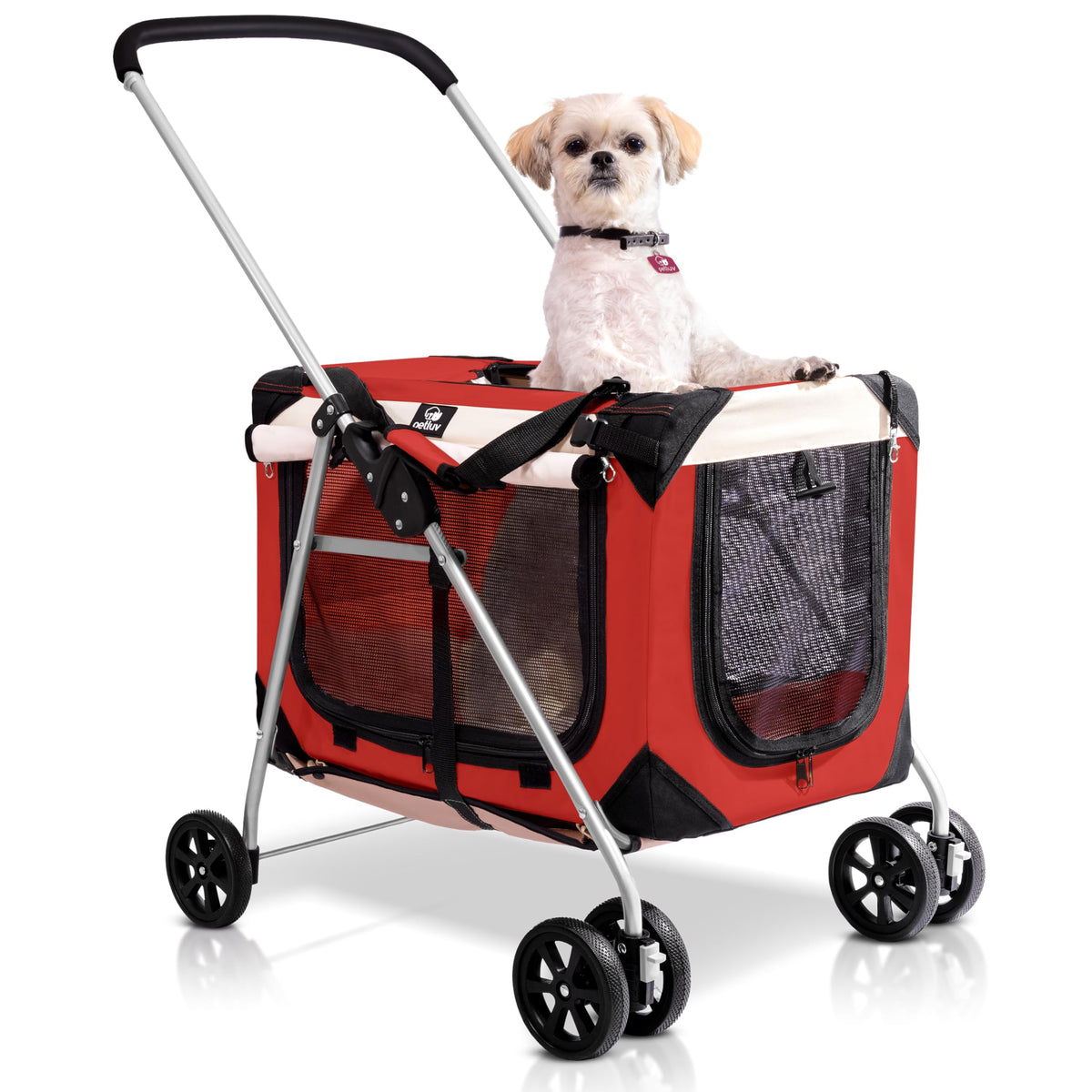 Petluv Pet Stroller, Fits 2 Cats, Small To Medium Dogs (10-45 Lbs), Red