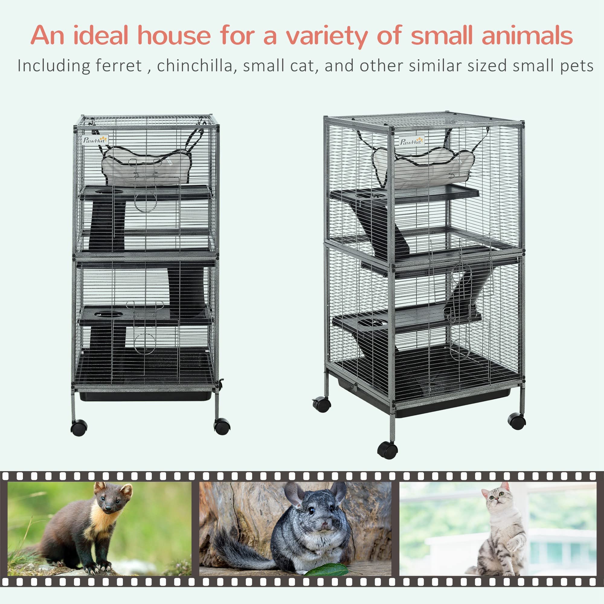 Pawhut Metal Small Animal Cage Rolling Big Ferret Cage, Chinchilla Cage, Sugar Glider Cage, With Hammock & 4 Tiers, Removable Tray, Gray