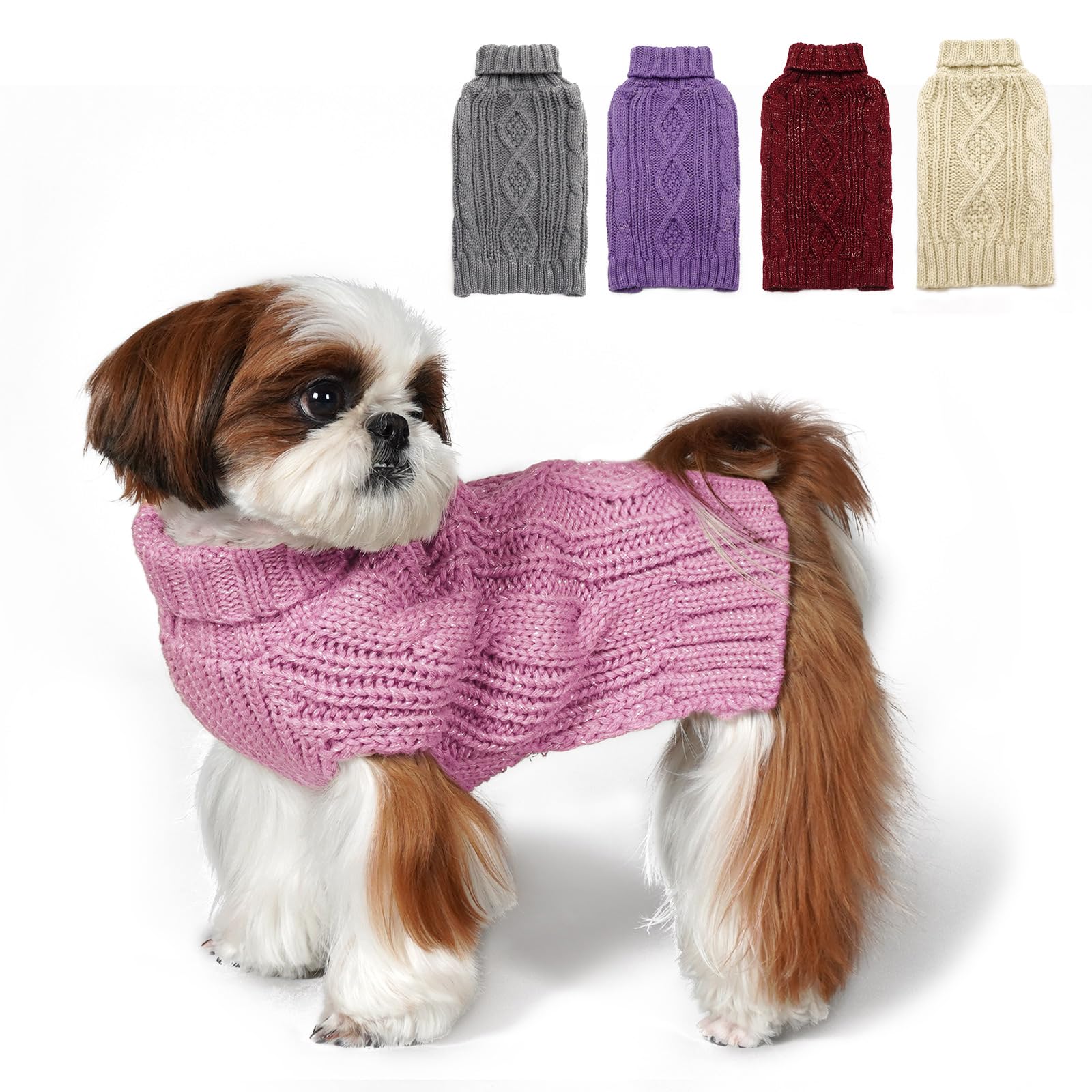 Kyeese Dog Sweaters For Medium Dogs Turtleneck Dog Cable Knit Puppy Sweater With Golden Thread For Cold Weather, Pink, Large