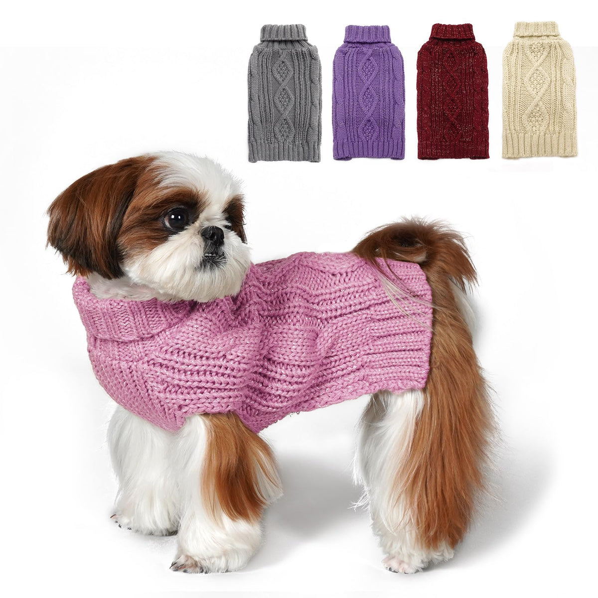 Kyeese Dog Sweaters For Small Dogs With Golden Thread Turtleneck Dog Cable Knit Pullover Sweaters For Cold Weather, Pink, Small