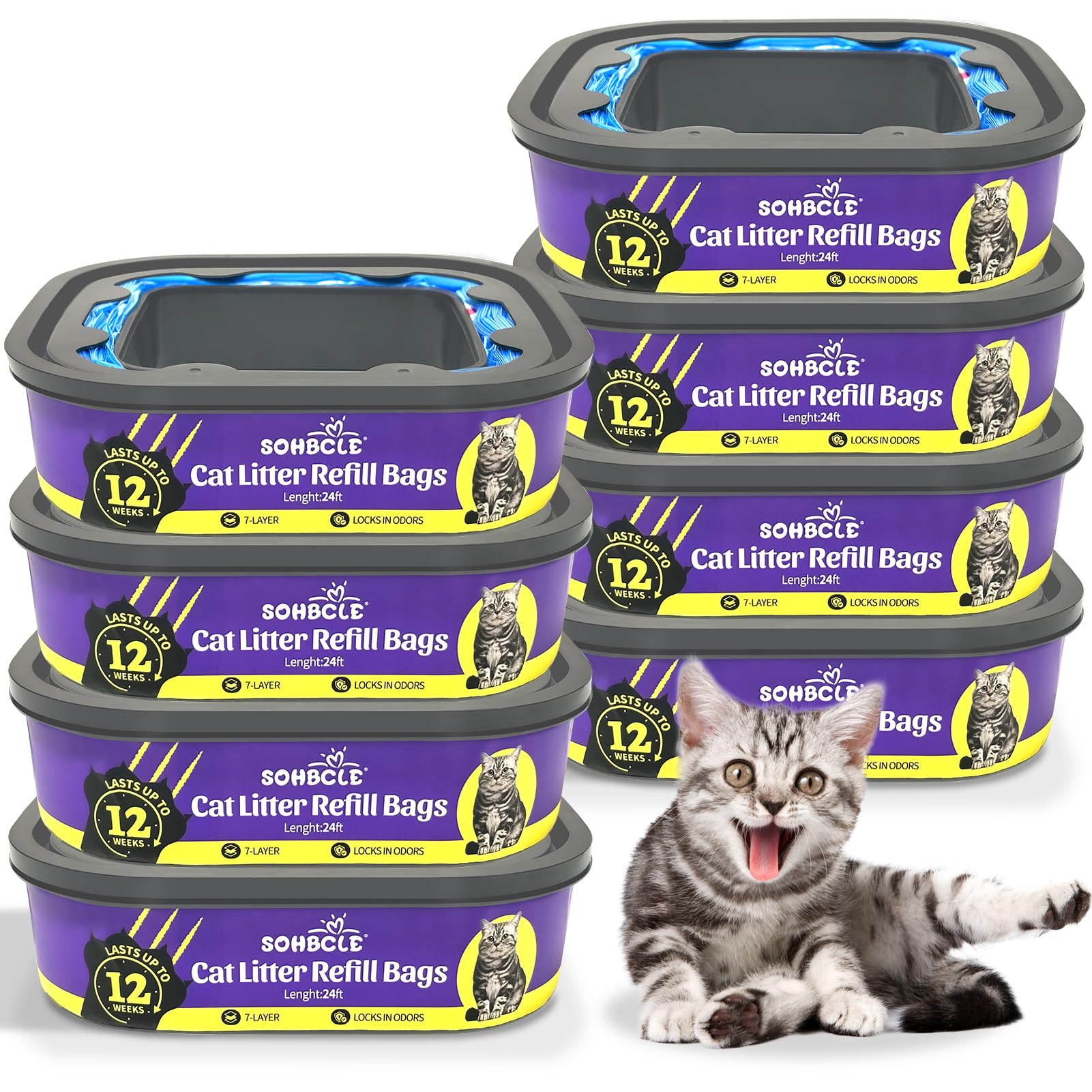 Sohbcle Cat Litter Refill Bags | 24Ft 8-Pack | Odor Control Cat Litter Bags | Compatible With Pet Genie Refills Standard,Plus,St