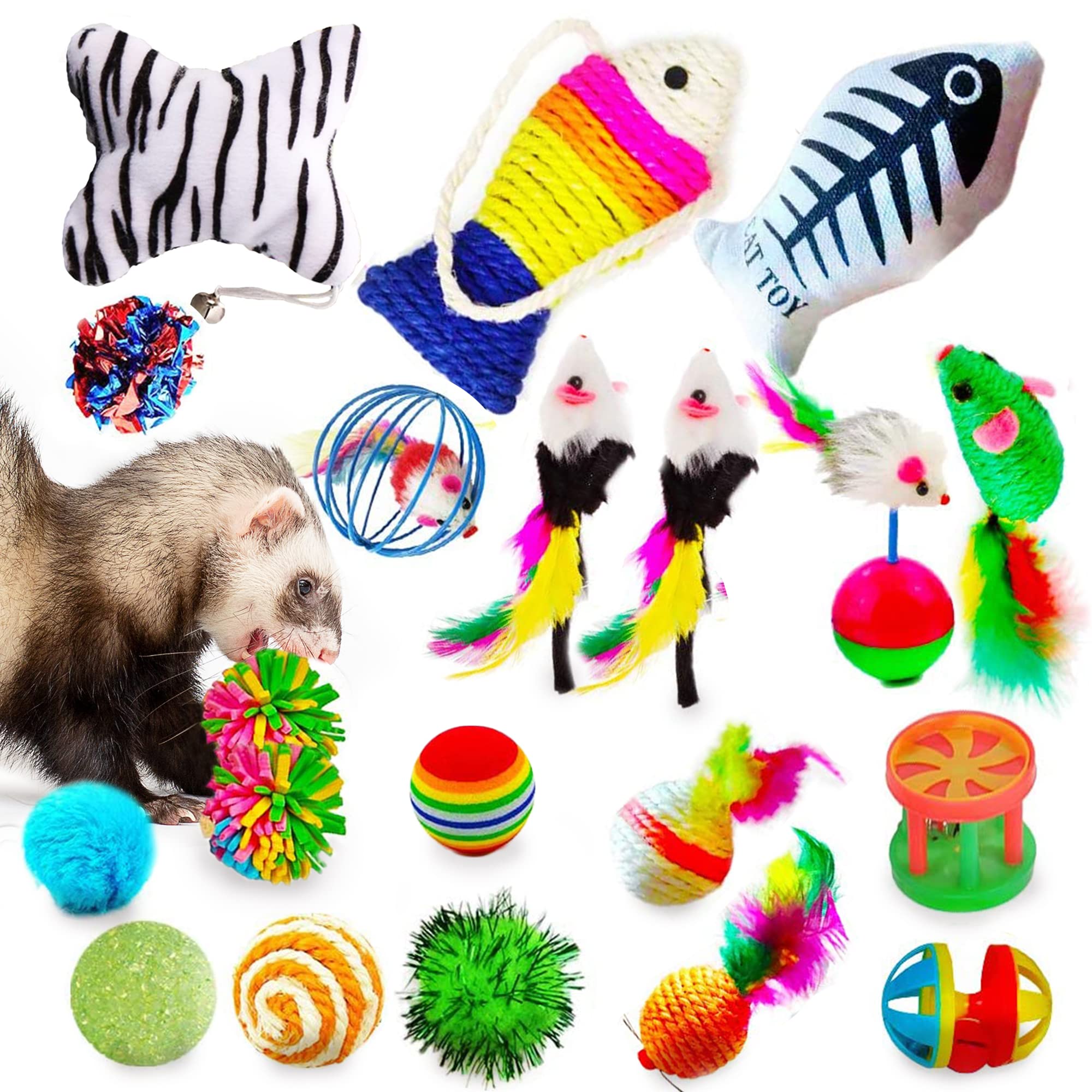 Cocoo Ferret & Cat Toy Variety Pack, Activity Set Of Mylar Balls, Chew Toys, Catnip Pouches, Play Mice & Bells, Great For Persia