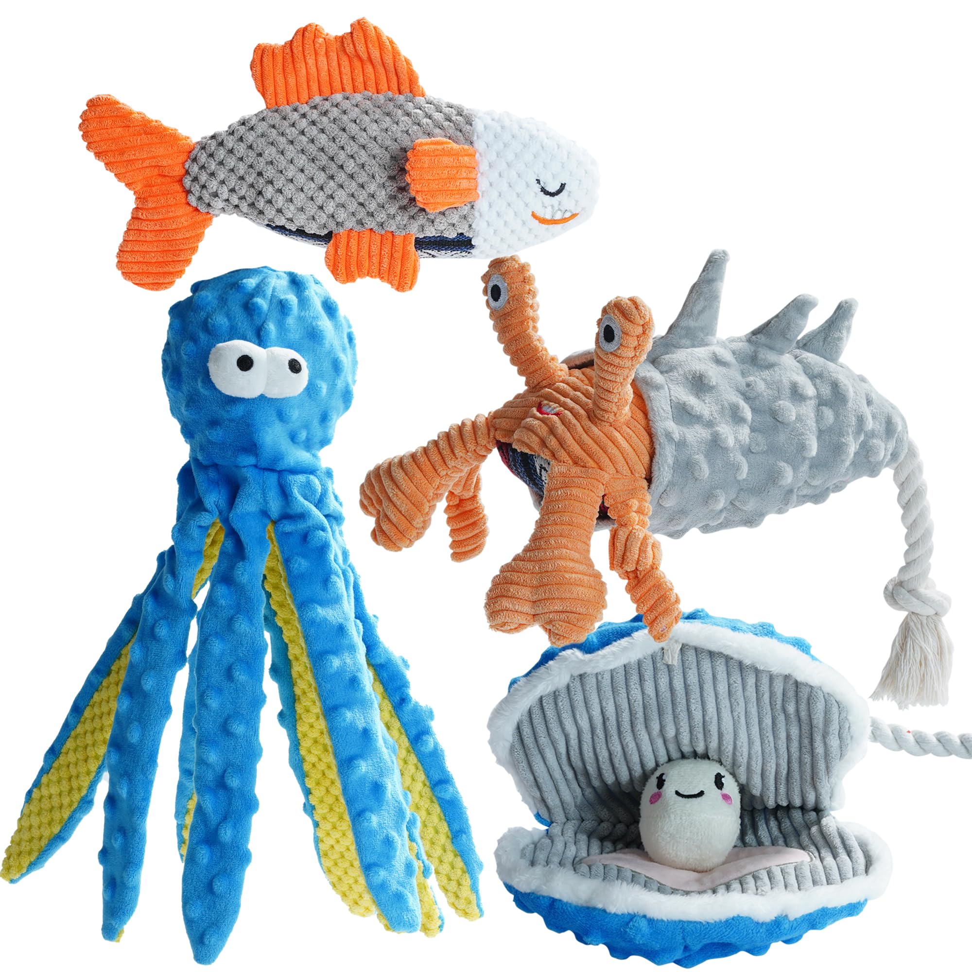 Nocciola 4 PCS Crinkle Squeaky Dog Toys | Blue Octopus Dog Toy | Ocean Theme Stuffed Dog Toys, Interactive Rope Dog Toys for Sma