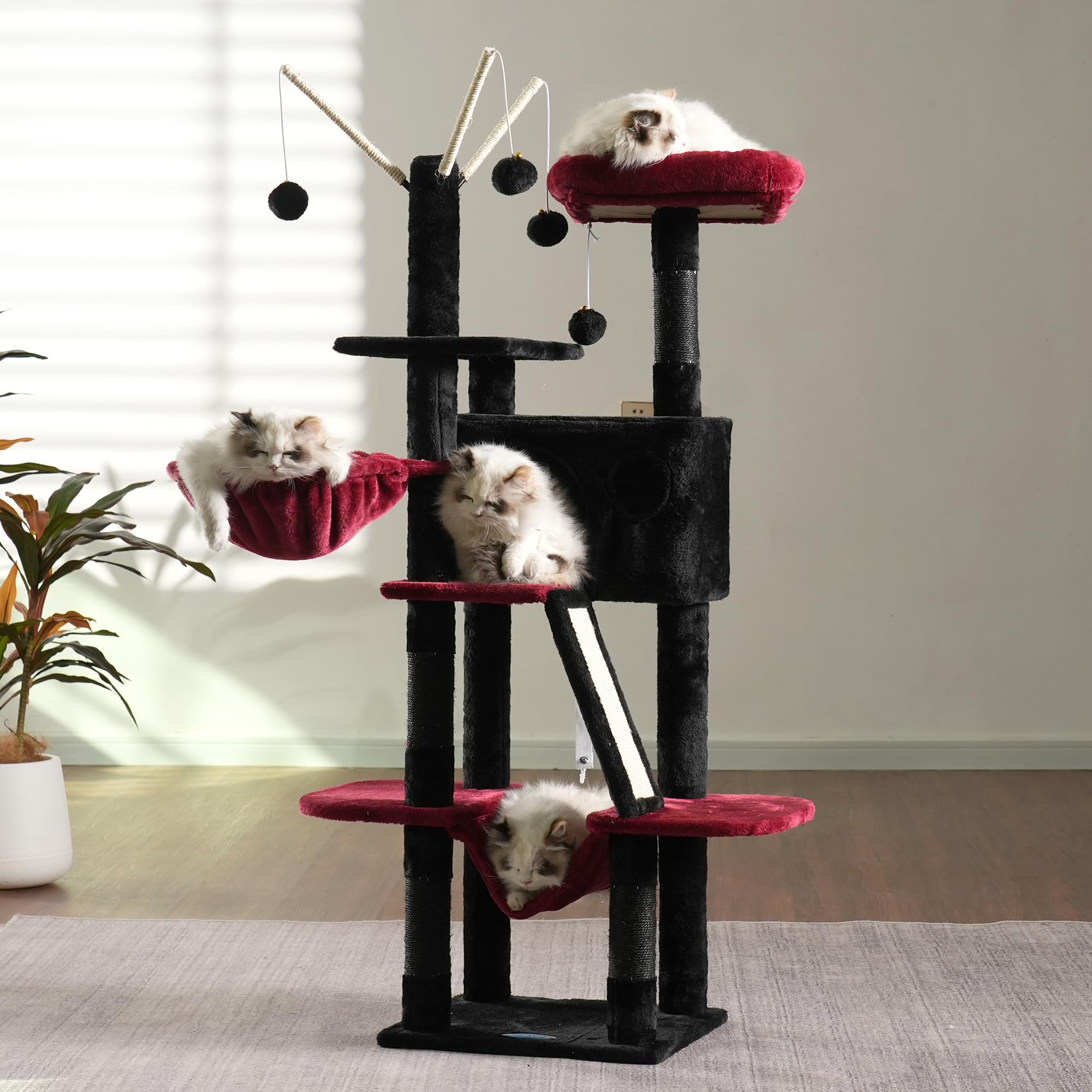 Hey-Brother Gothic Cat Tree, 53 Inch Cat Tower For Indoor Cats, Cat House With Padded Platform Bed, Toy Balls, Large Cozy Condo,