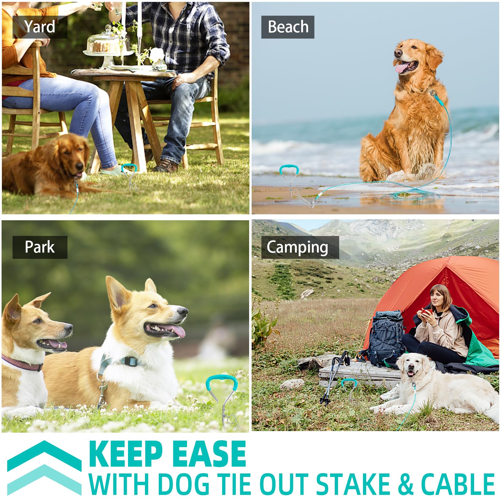 Dog Tie Out Stake And Dog Run Cable, 30Ft Long Dog Lead With Dog Yard Stake, Dog Chains 30Ft For Outside, Dog Yard Leash And Stake For Camping & Beach, Dog Tie Out Tether For Medium Large Dogs