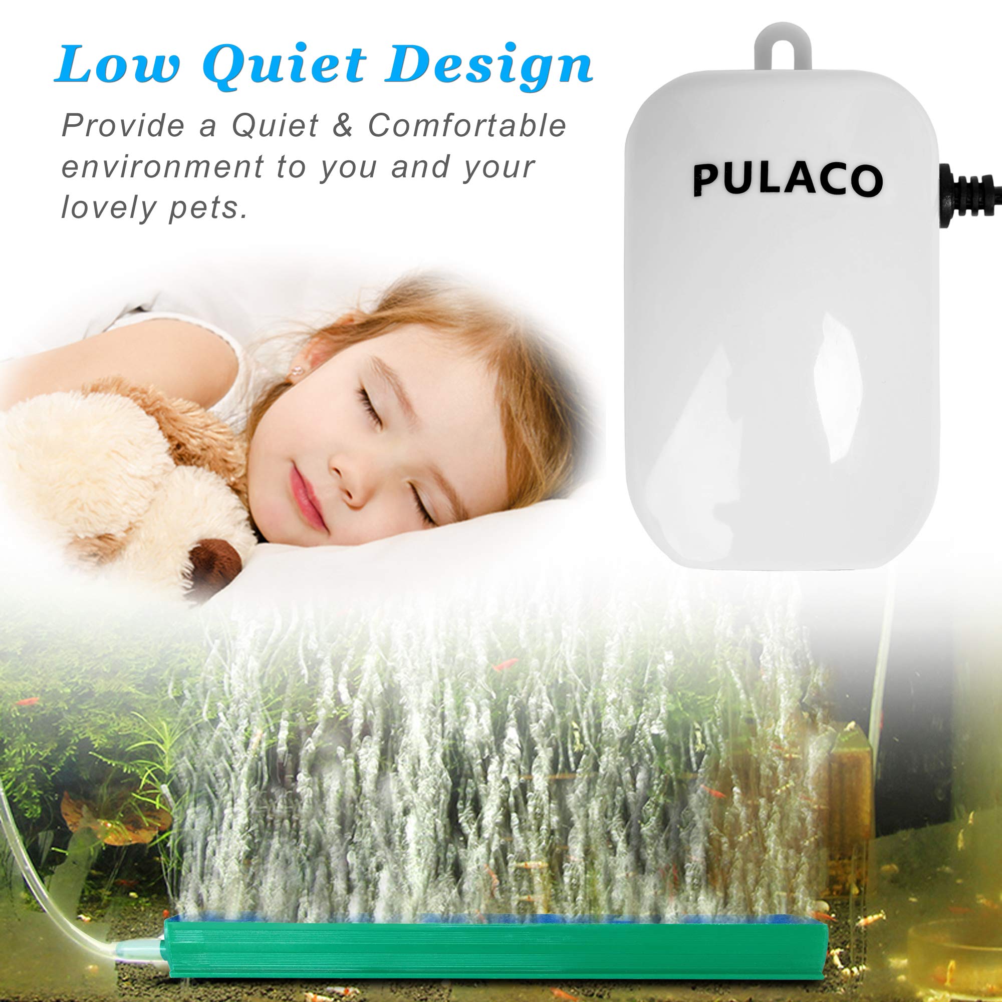 Pulaco Ultra Quiet Mini Aquarium Fish Tank Air Pump For 1-20 Gallon Fish Bowl With Air Tube Air Bubbler Stone Check Valve