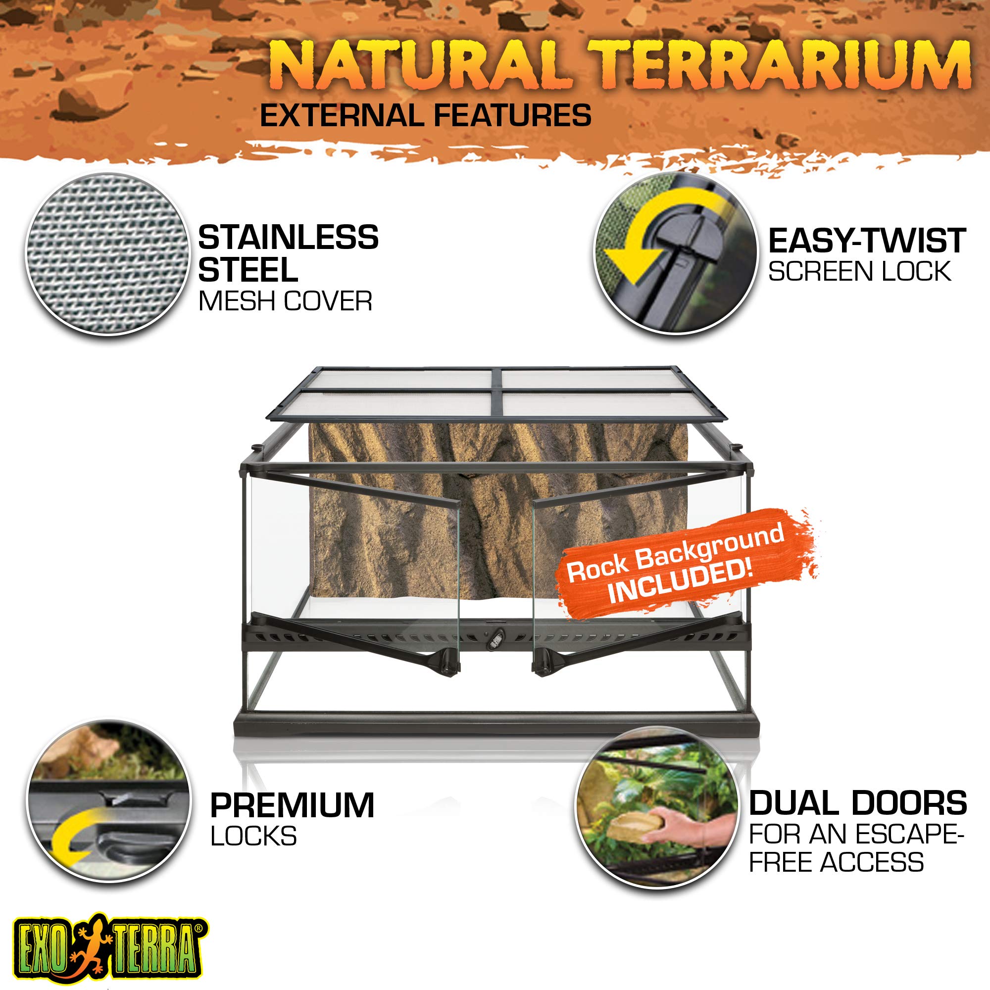 Exo Terra Glass Natural Terrarium Kit - Perfect For Reptiles And Amphibians, Short Wide Design For Optimal Space, 24 X 18 X 12 Inches, Pt2604A1