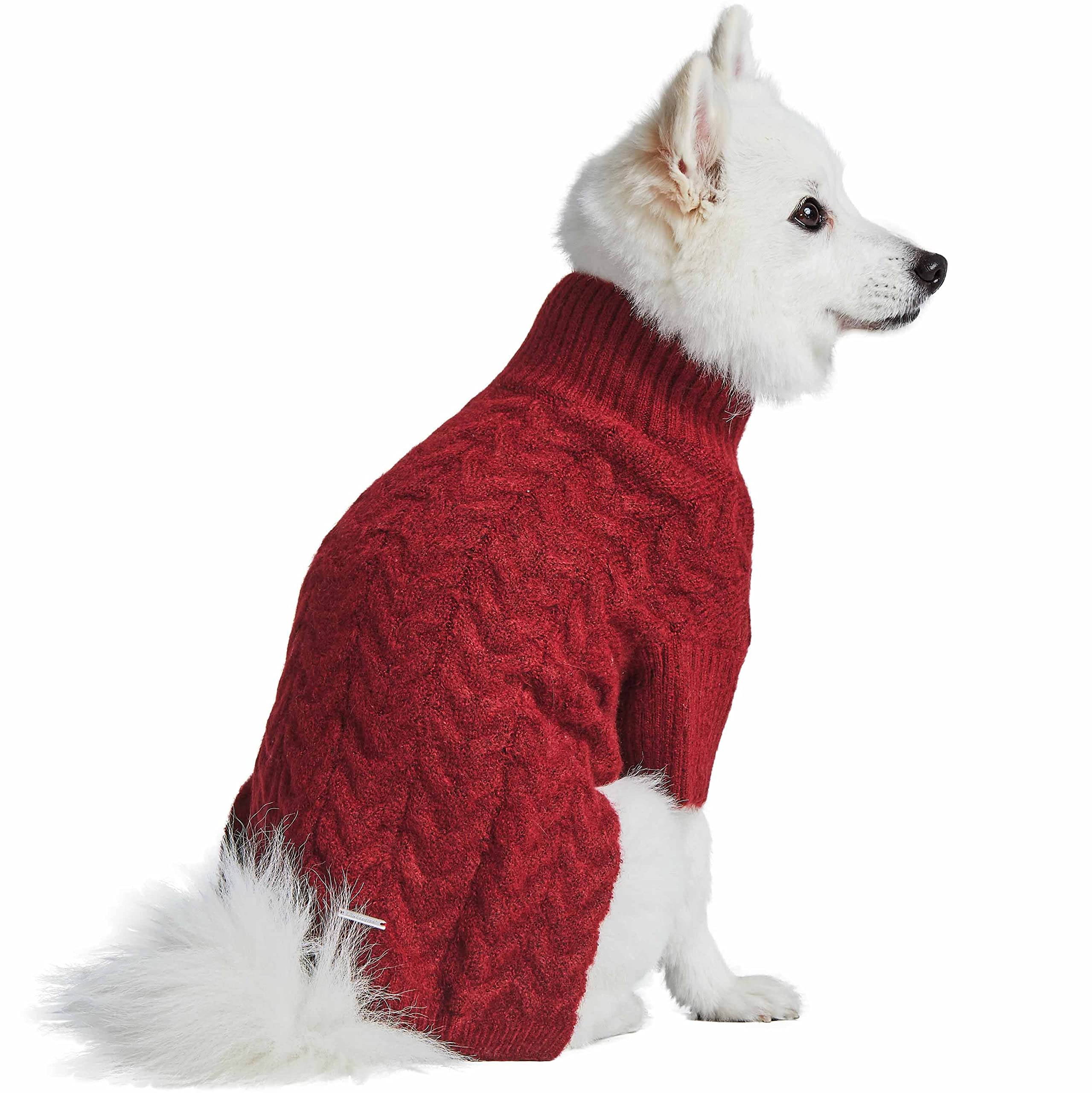 Blueberry Pet Classic Fuzzy Textured Knit Pullover Turtle-Neck Dog Sweater In Burgundy Red, Back Length 16', Pack Of 1 Clothes For Dogs