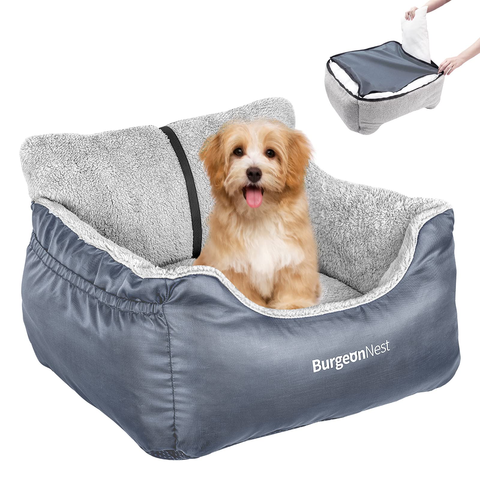 Burgeonnest Dog Car Seat For Small Dogs, Washable Soft Dog Booster Seats For Small Pets Under 25 Lbs, Portable Dog Carseat Travel Bed With Storage Pockets And Clip-On Leash